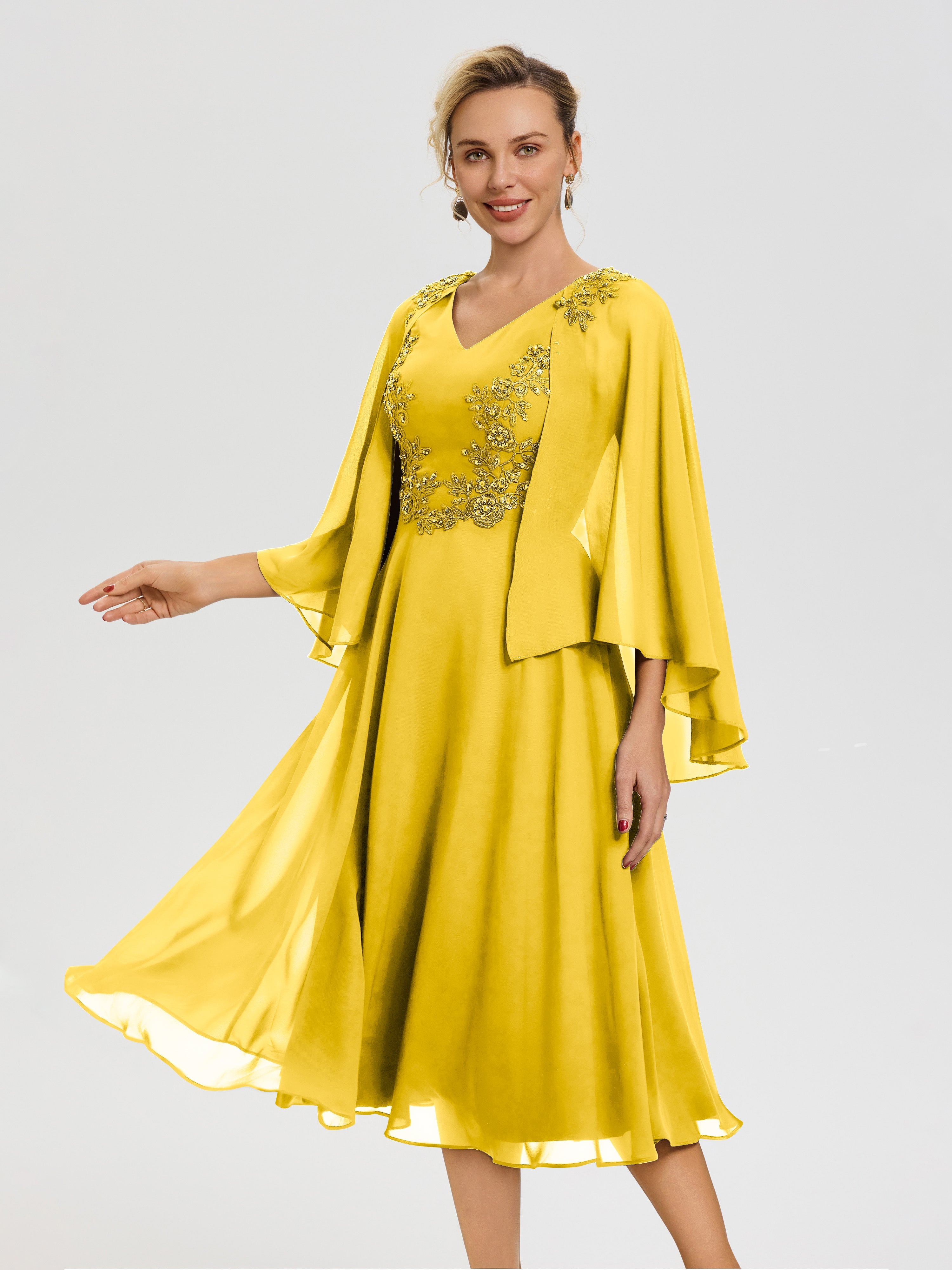 Robe De Mère De Mariée Moderne Souci 3/4 Manches Col V Mousseline & Dentelle Robe Mère De Mariée