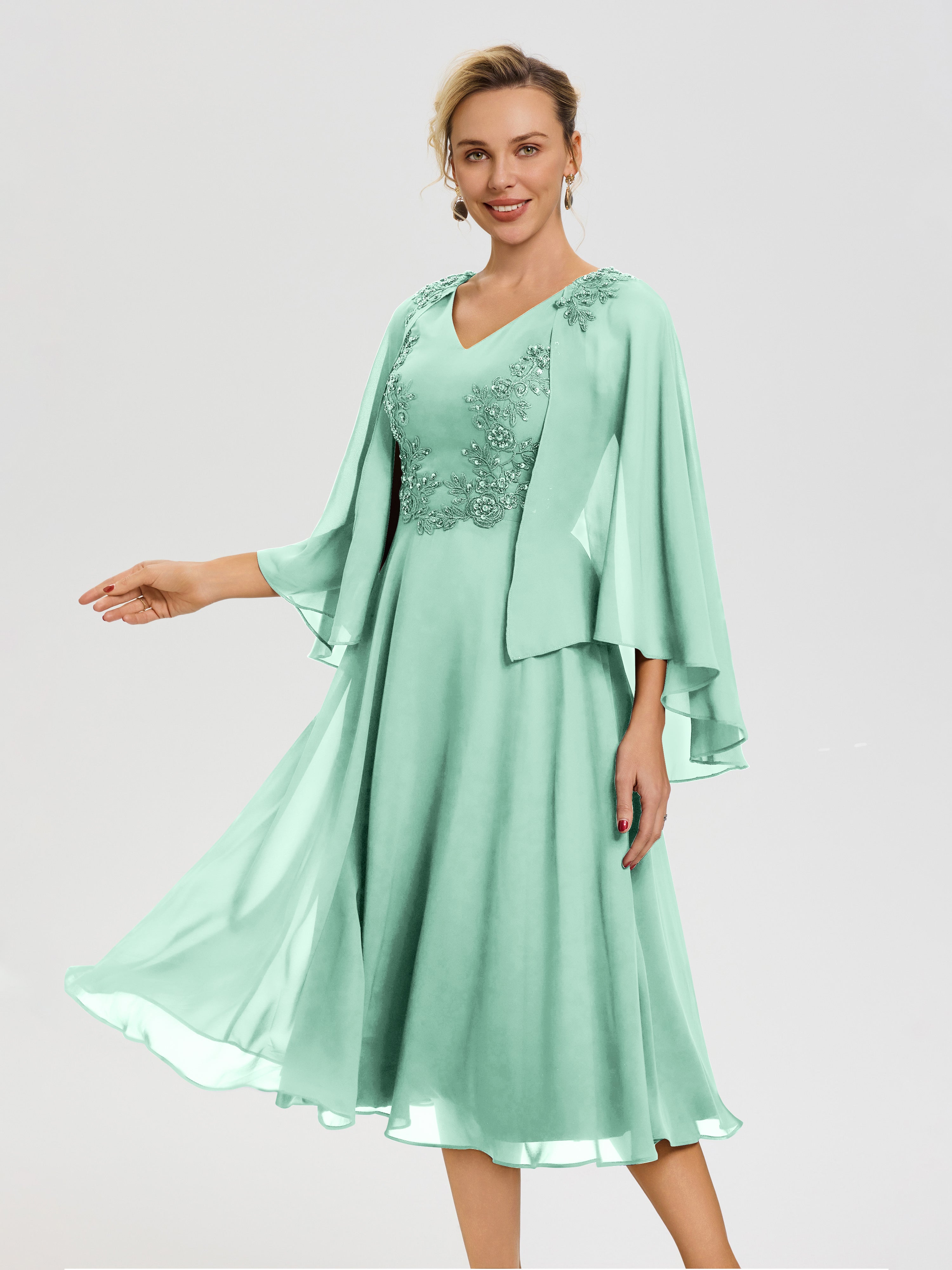 Robe De Mère De Mariée Moderne Vert Menthe 3/4 Manches Col V Mousseline & Dentelle Robe Mère De Mariée