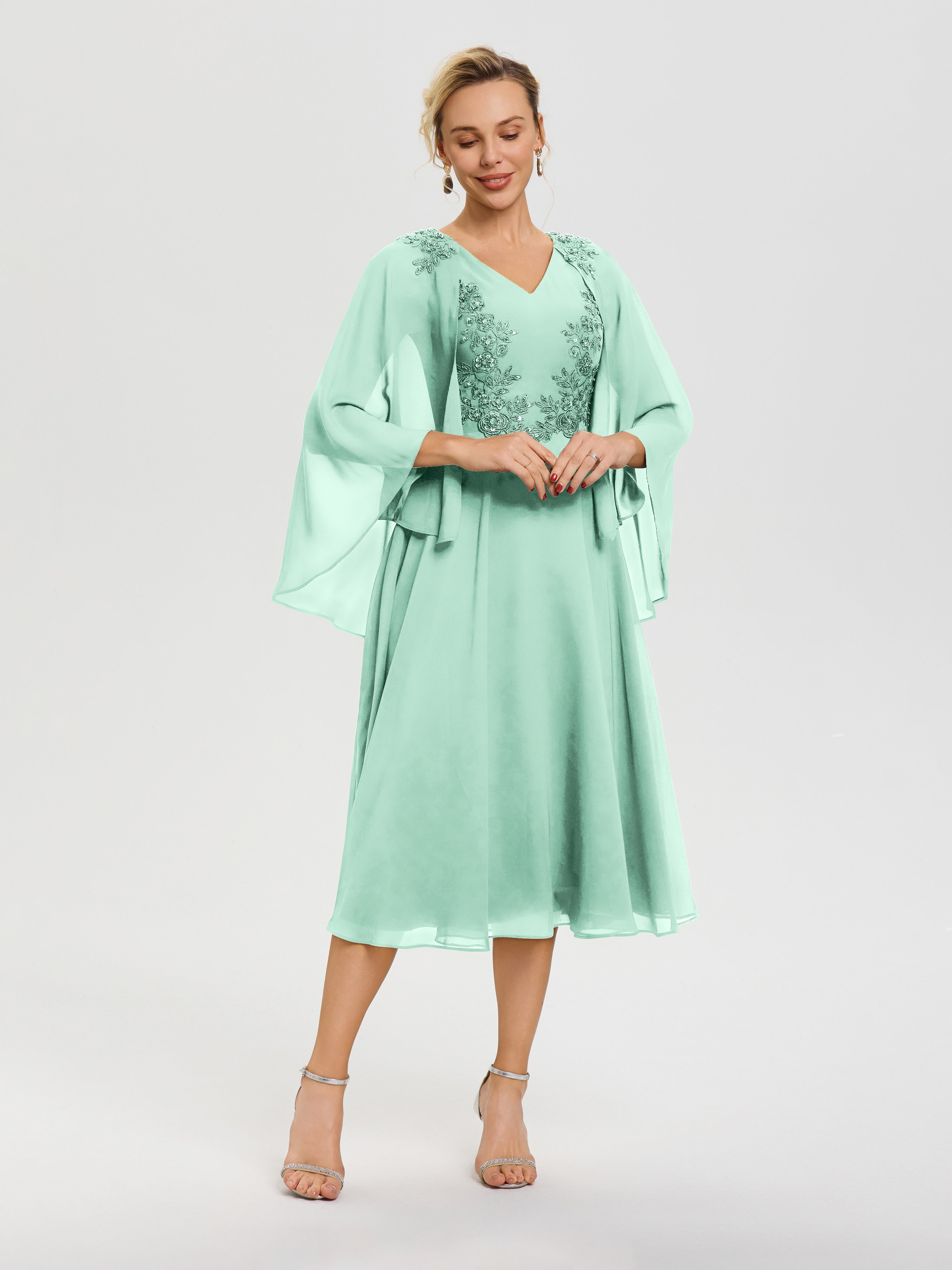 Robe De Mère De Mariée Moderne Vert Menthe 3/4 Manches Col V Mousseline & Dentelle Robe Mère De Mariée