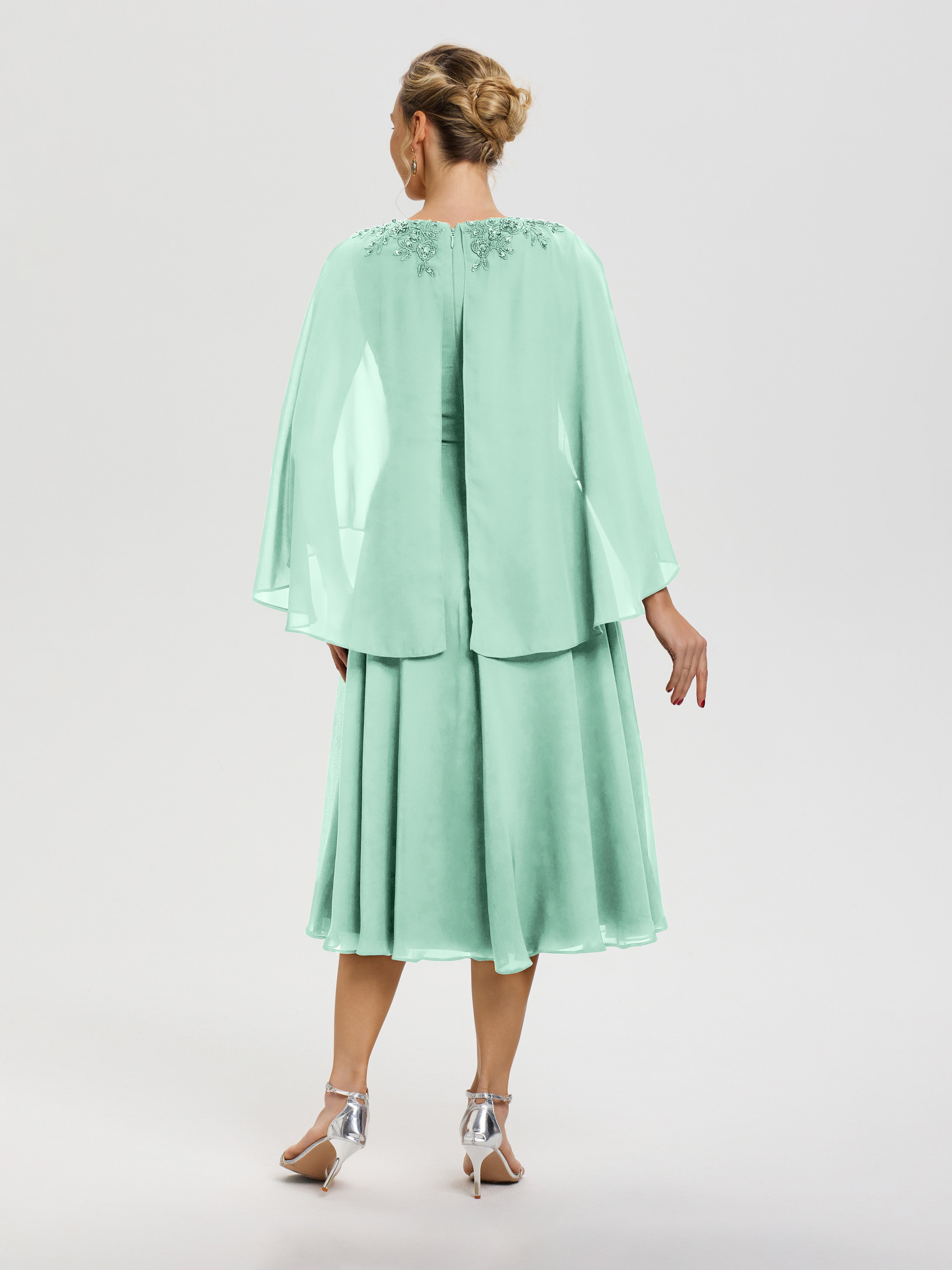 Robe De Mère De Mariée Moderne Vert Menthe 3/4 Manches Col V Mousseline & Dentelle Robe Mère De Mariée