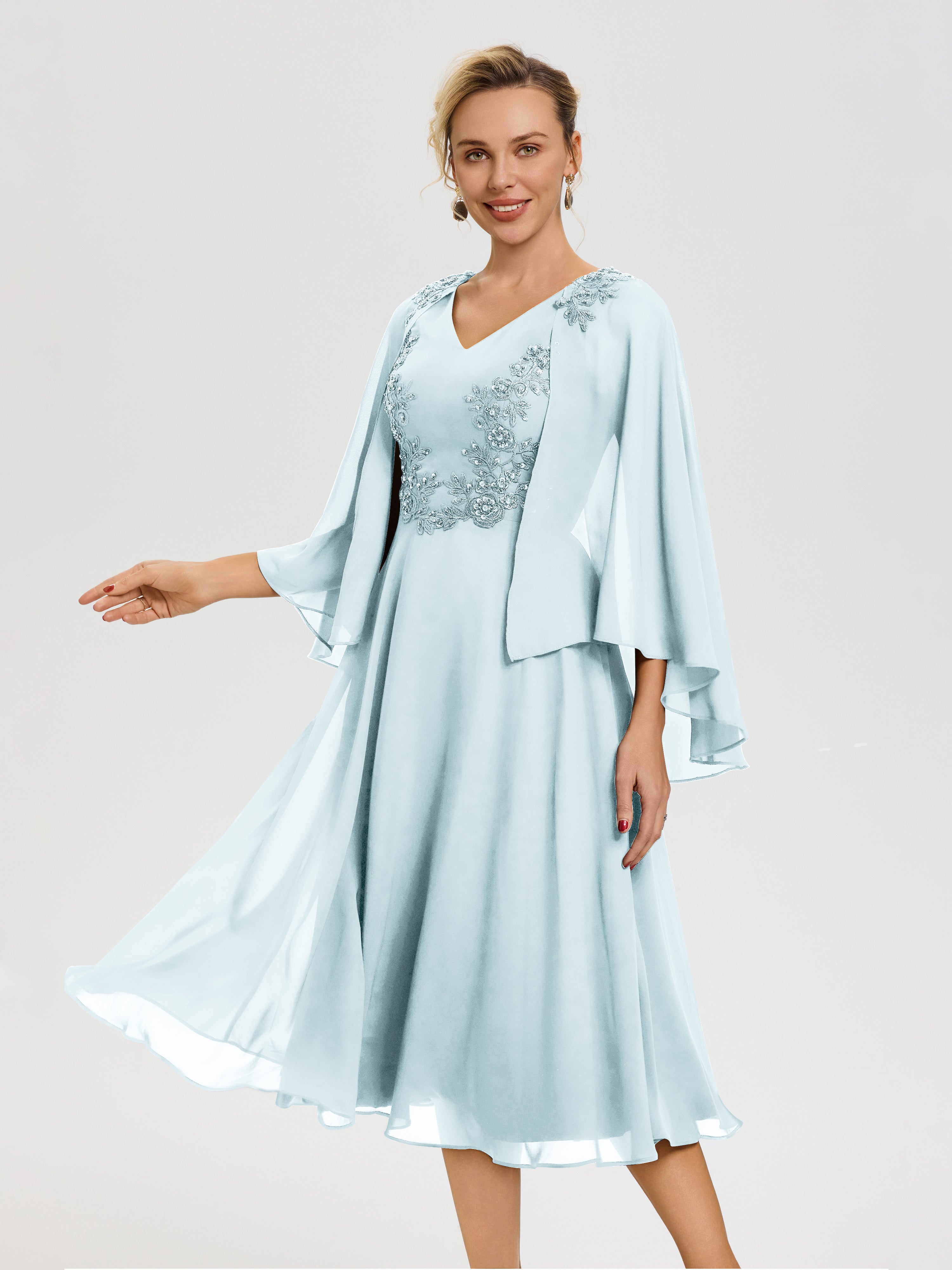 Cicinia Robe Mère De La Mariée Brume 3/4 Manches Col V Mousseline & Dentelle Robe Mère De Mariée