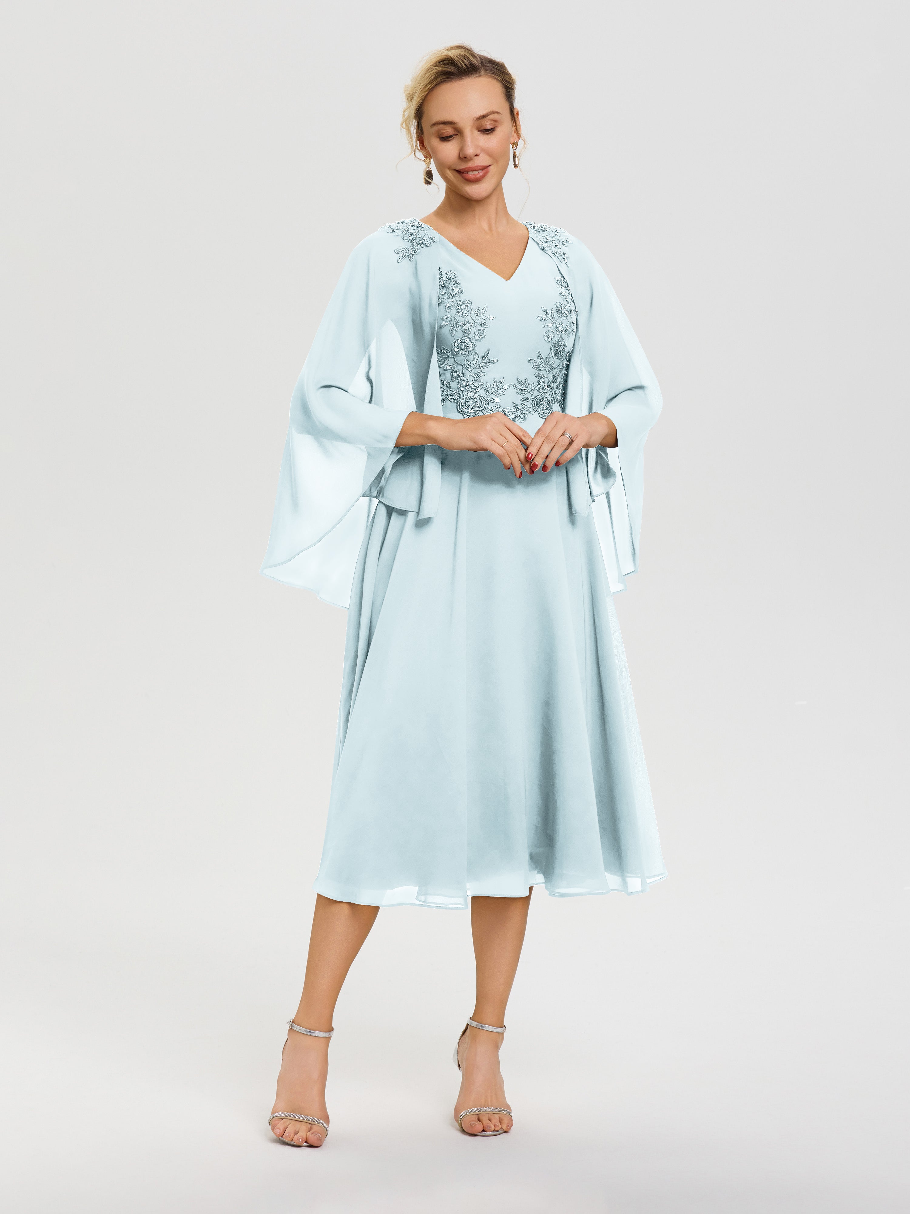 Cicinia Robe Mère De La Mariée Brume 3/4 Manches Col V Mousseline & Dentelle Robe Mère De Mariée