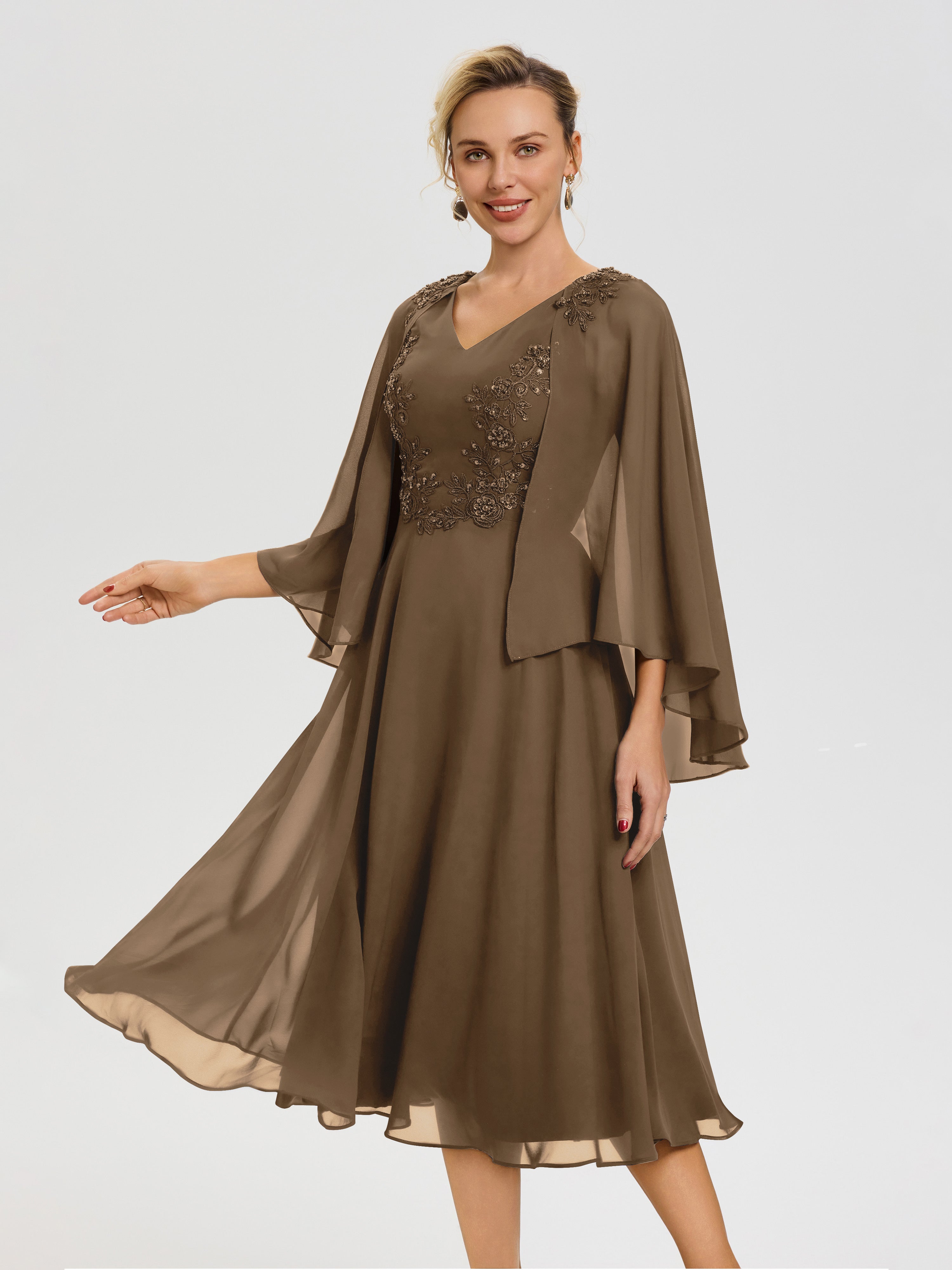 Robe Pour Mère De La Mariée Moka 3/4 Manches Col V Mousseline & Dentelle Robe Mère De Mariée