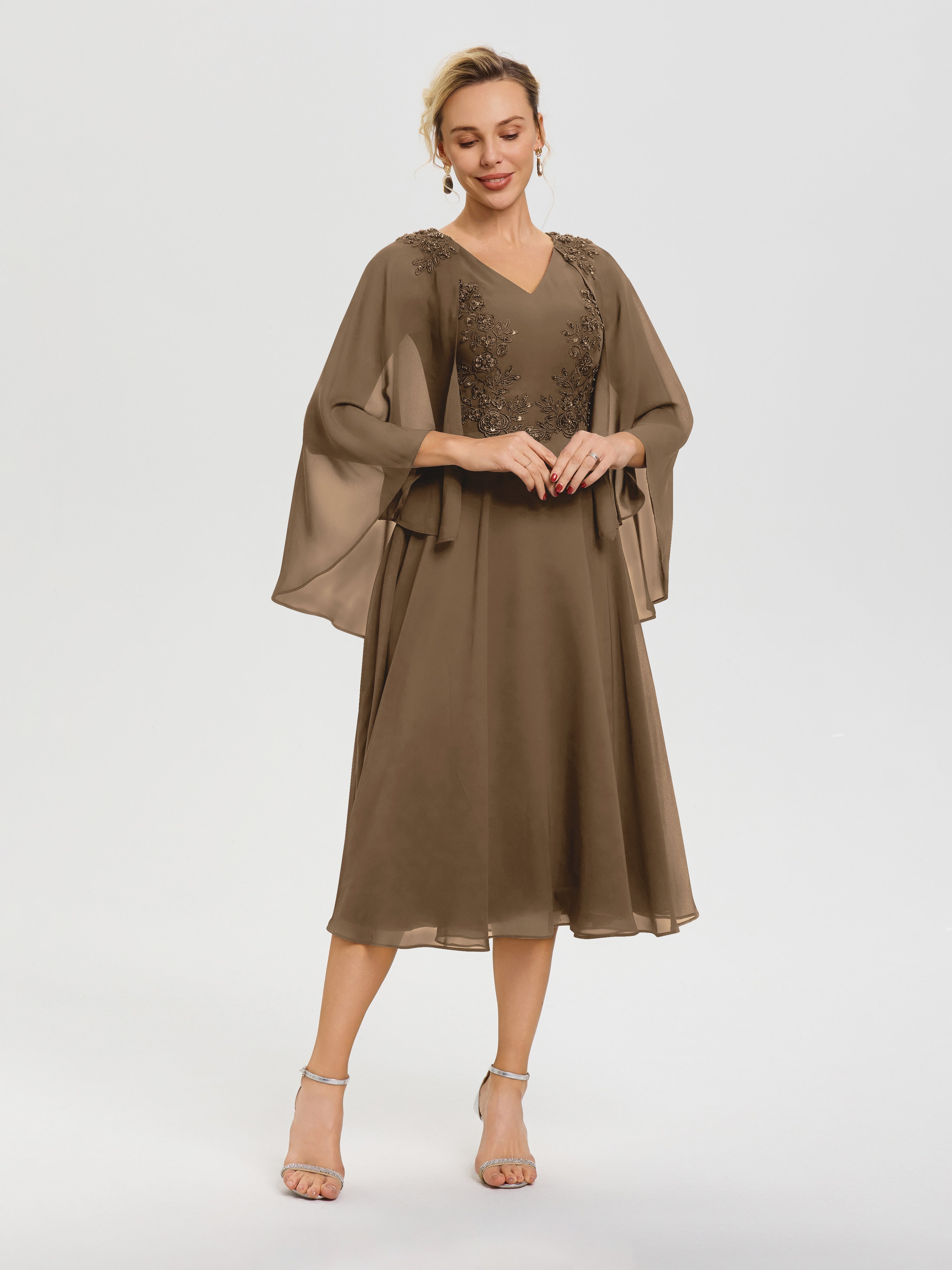 Robe Pour Mère De La Mariée Moka 3/4 Manches Col V Mousseline & Dentelle Robe Mère De Mariée