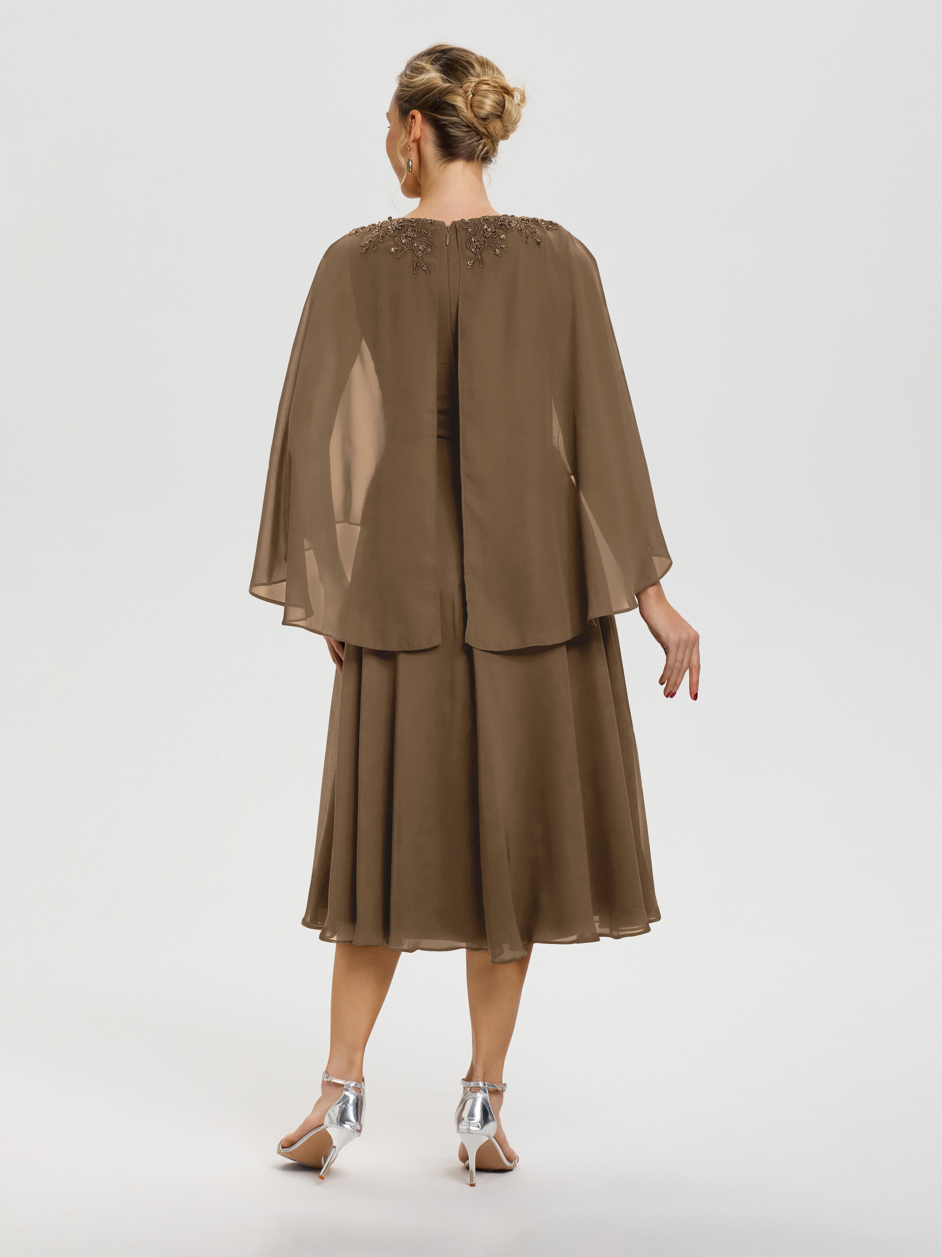 Robe Pour Mère De La Mariée Moka 3/4 Manches Col V Mousseline & Dentelle Robe Mère De Mariée