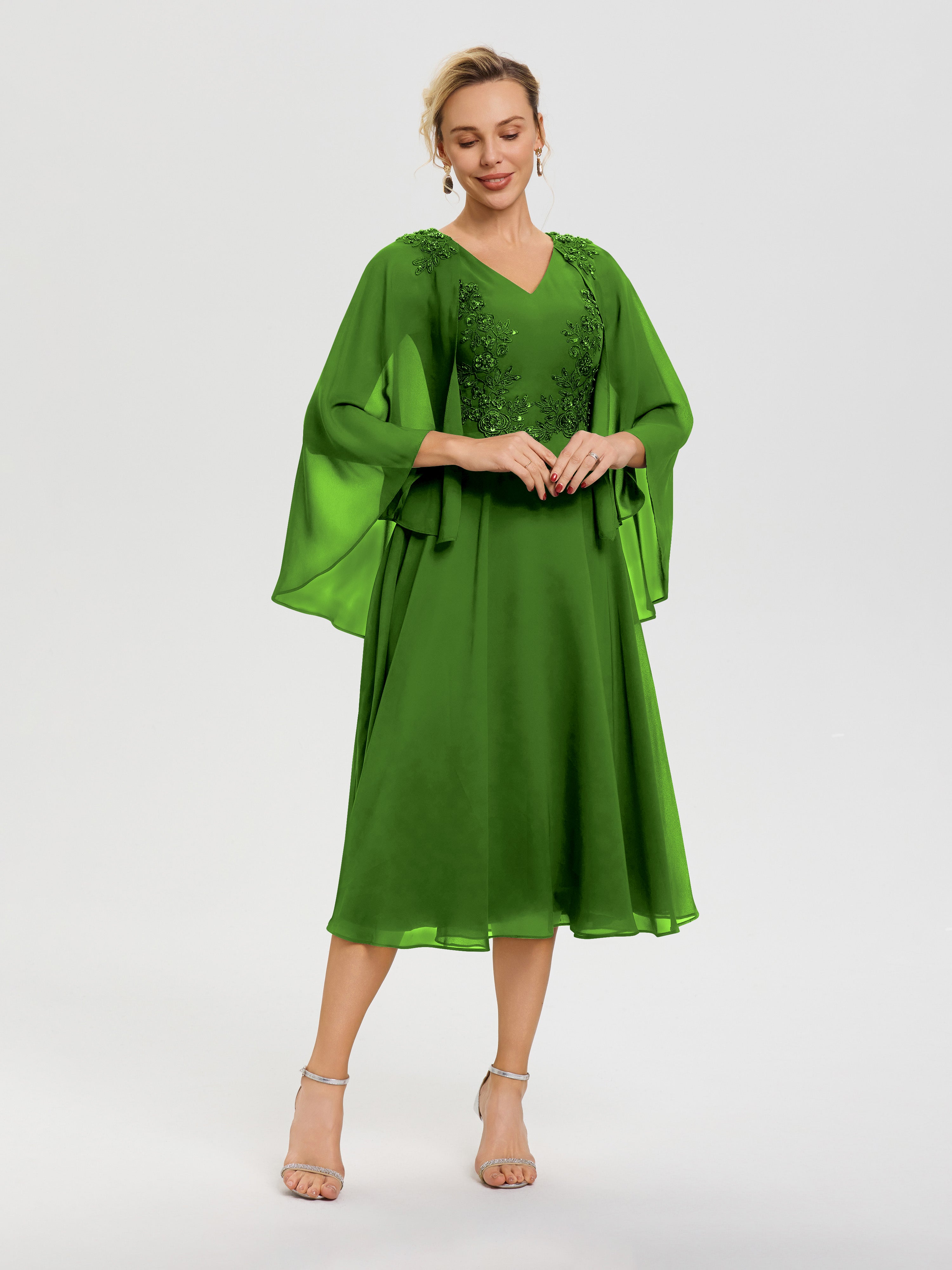 Robe Pour Mère De La Mariée Mousse 3/4 Manches Col V Mousseline & Dentelle Robe Mère De Mariée