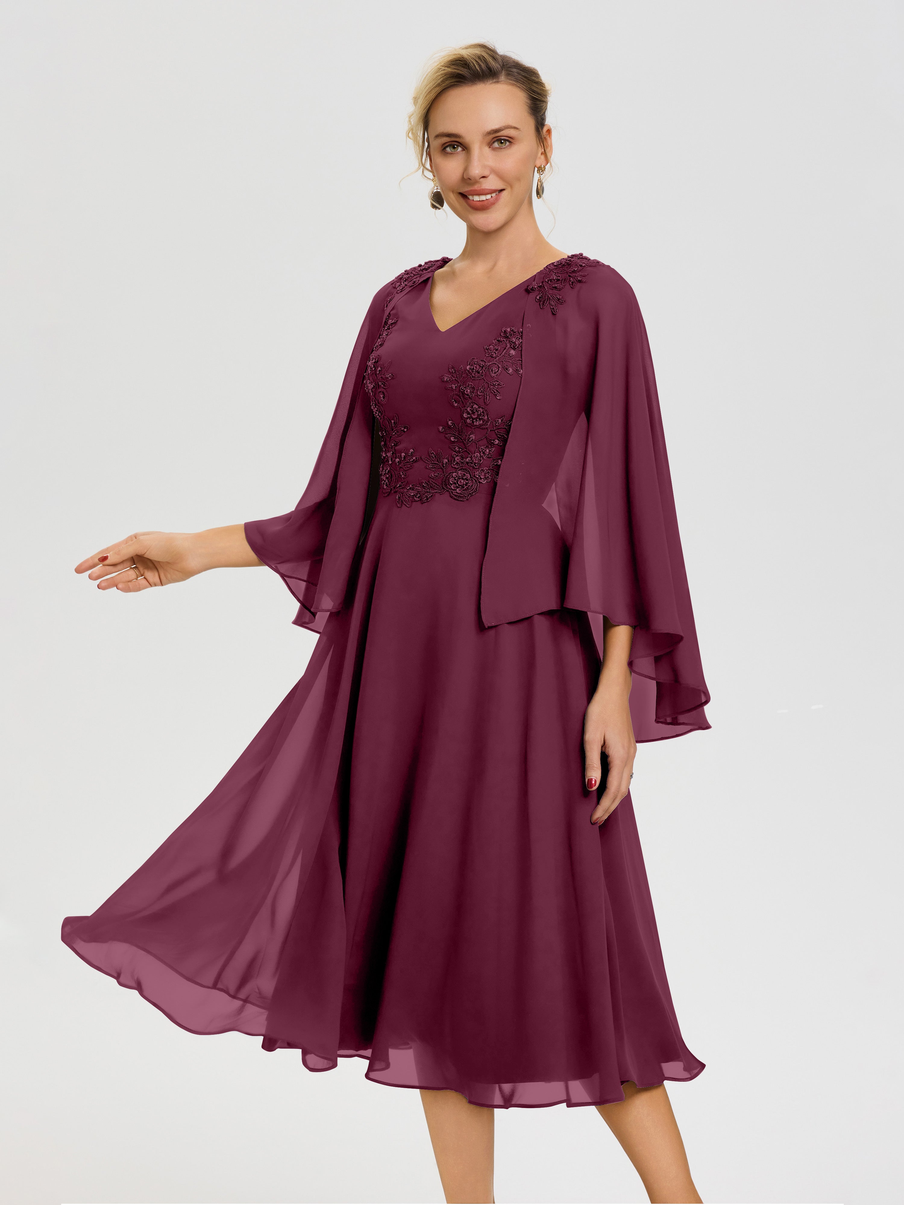 Robe Mère De Mariée Mûre 3/4 Manches Col V Mousseline & Dentelle Robe Mère De Mariée