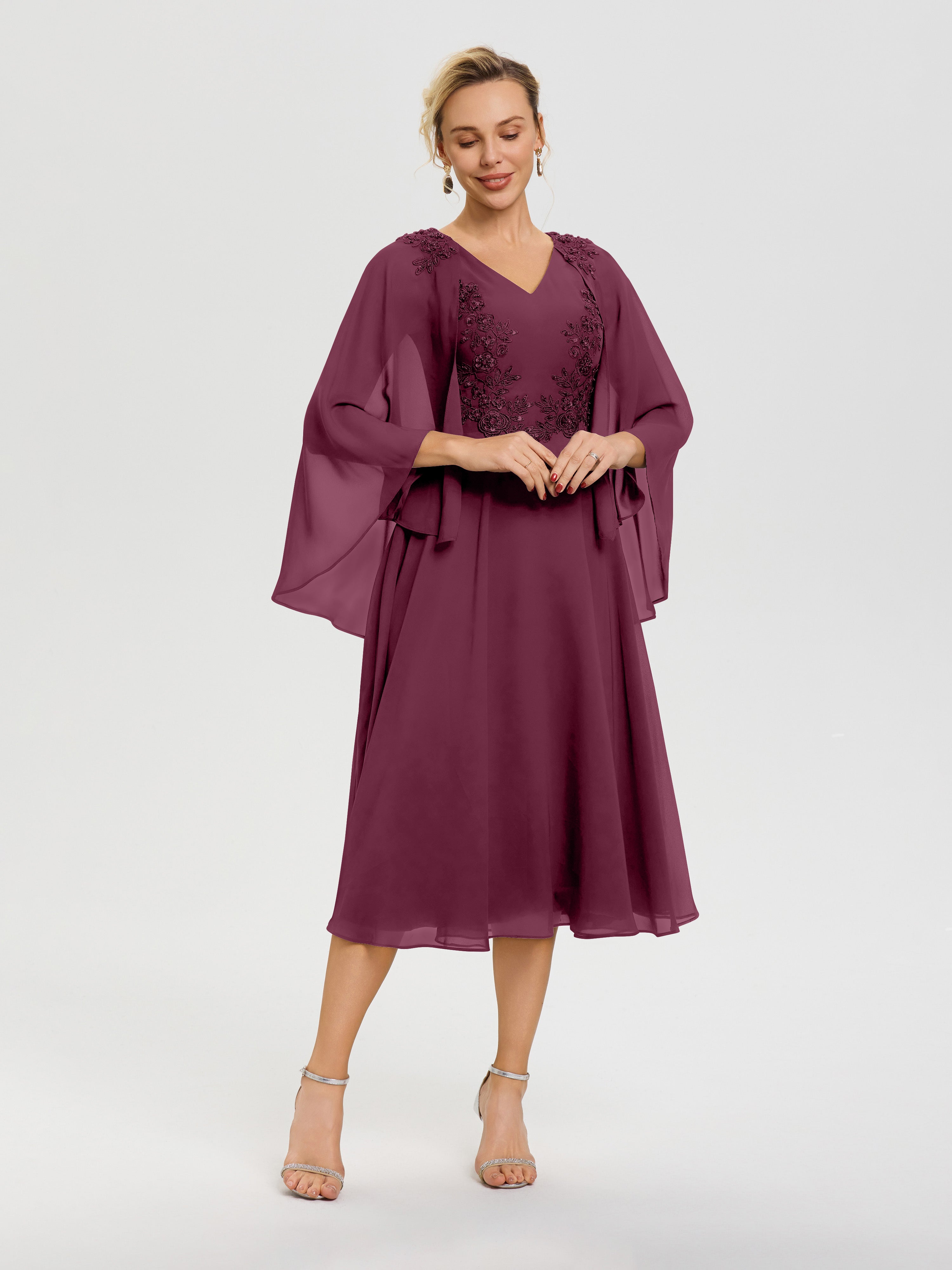 Robe Mère De Mariée Mûre 3/4 Manches Col V Mousseline & Dentelle Robe Mère De Mariée