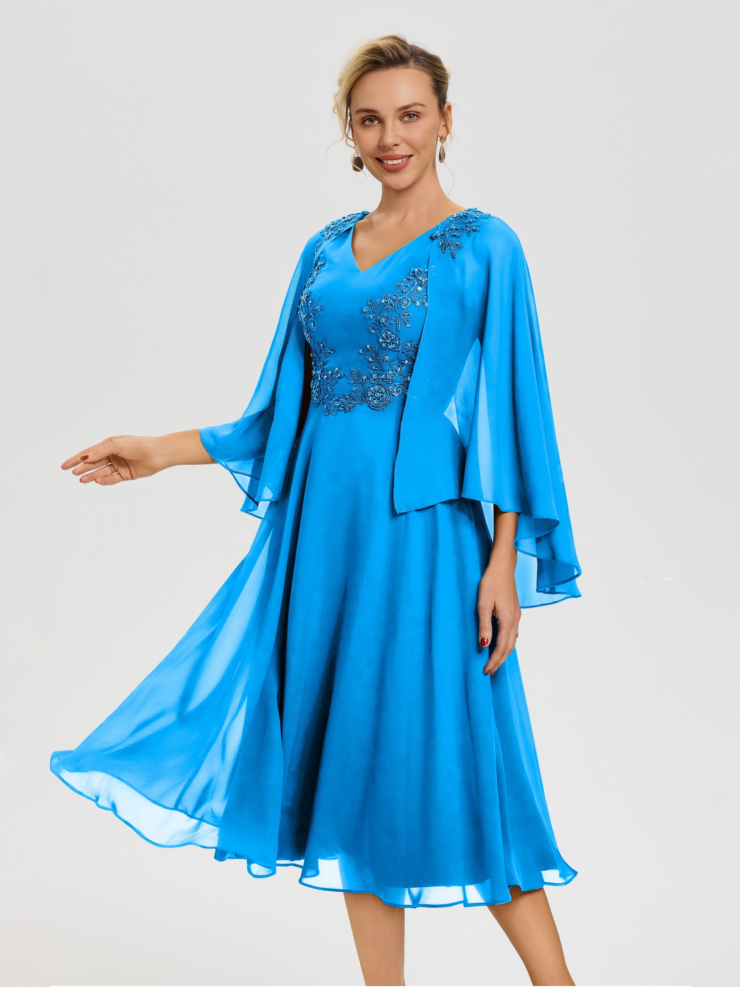 Robe Mère Du Marié Bleu Océan 3/4 Manches Col V Mousseline & Dentelle Robe Mère De Mariée