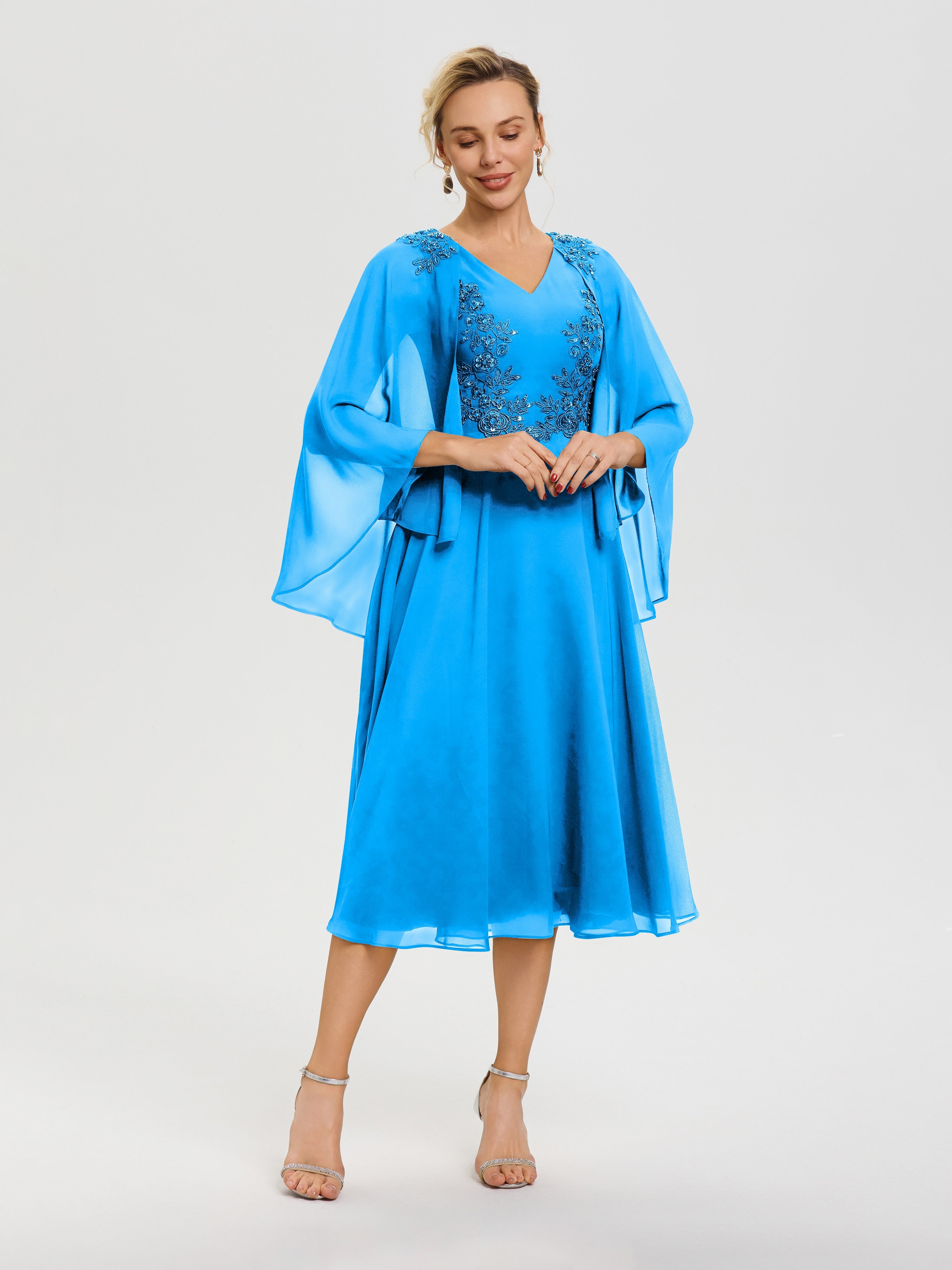 Robe Mère Du Marié Bleu Océan 3/4 Manches Col V Mousseline & Dentelle Robe Mère De Mariée
