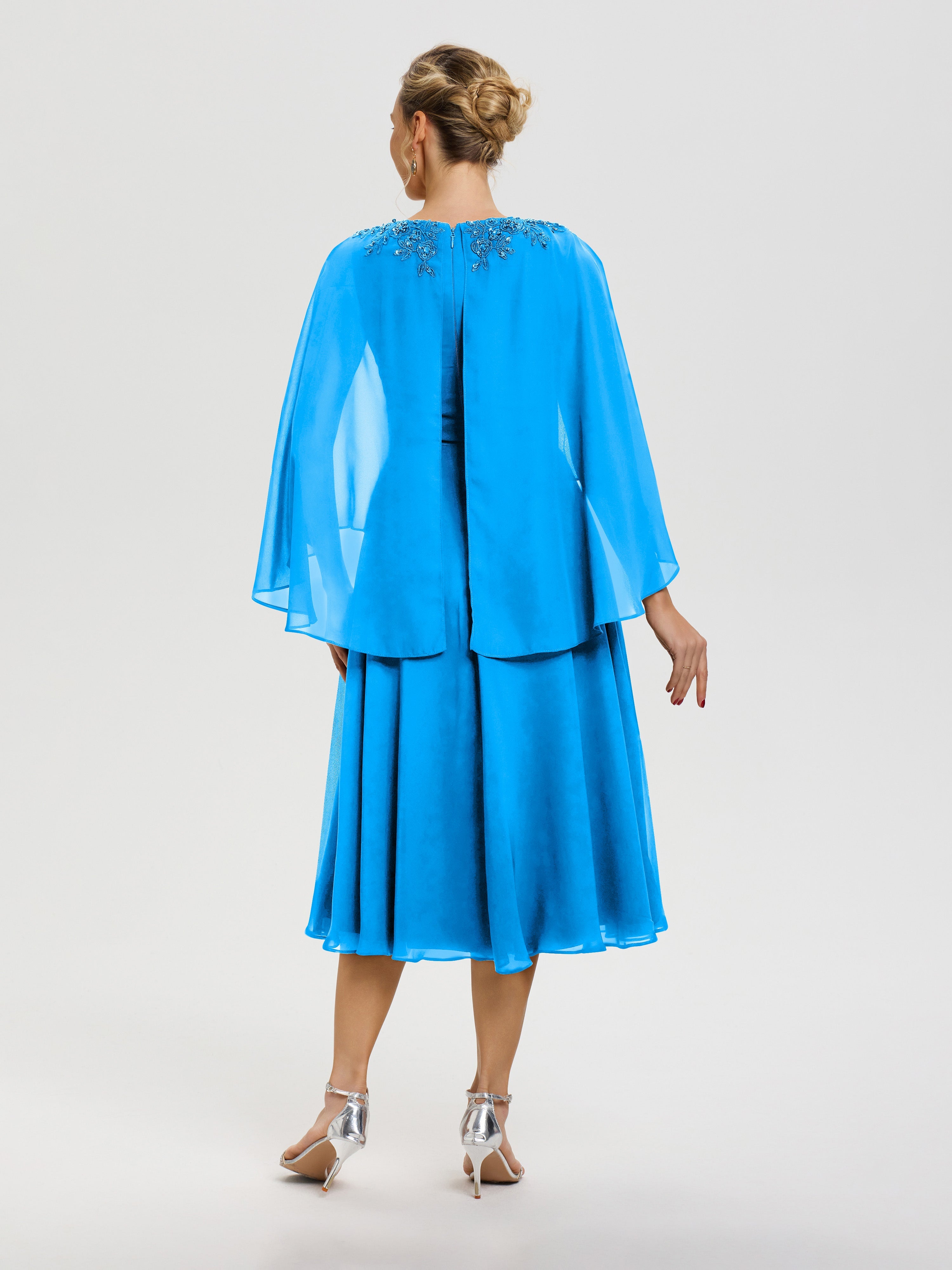 Robe Mère Du Marié Bleu Océan 3/4 Manches Col V Mousseline & Dentelle Robe Mère De Mariée