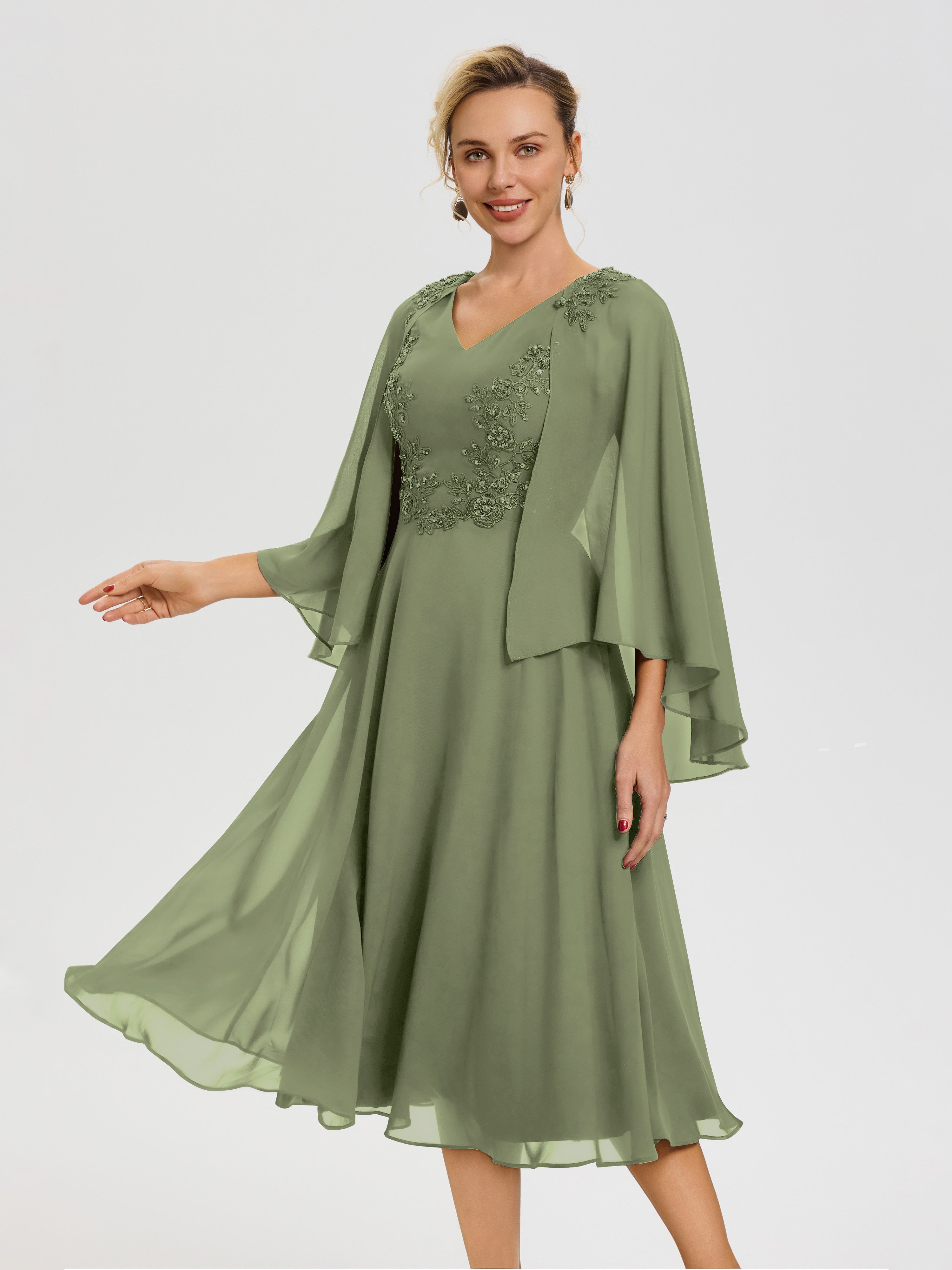Robe De Mère De Mariée Moderne Vert Olive 3/4 Manches Col V Mousseline & Dentelle Robe Mère De Mariée