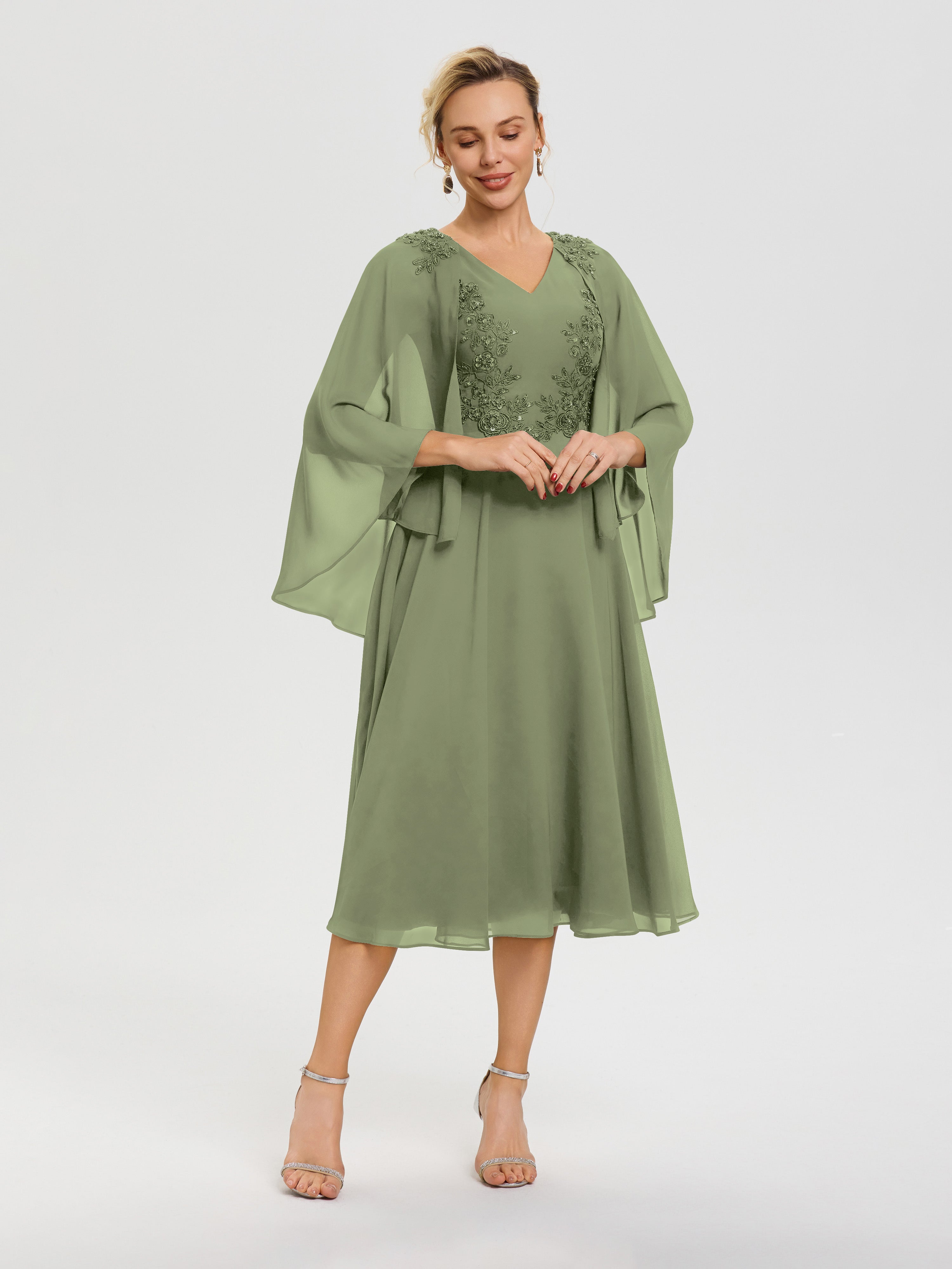 Robe De Mère De Mariée Moderne Vert Olive 3/4 Manches Col V Mousseline & Dentelle Robe Mère De Mariée
