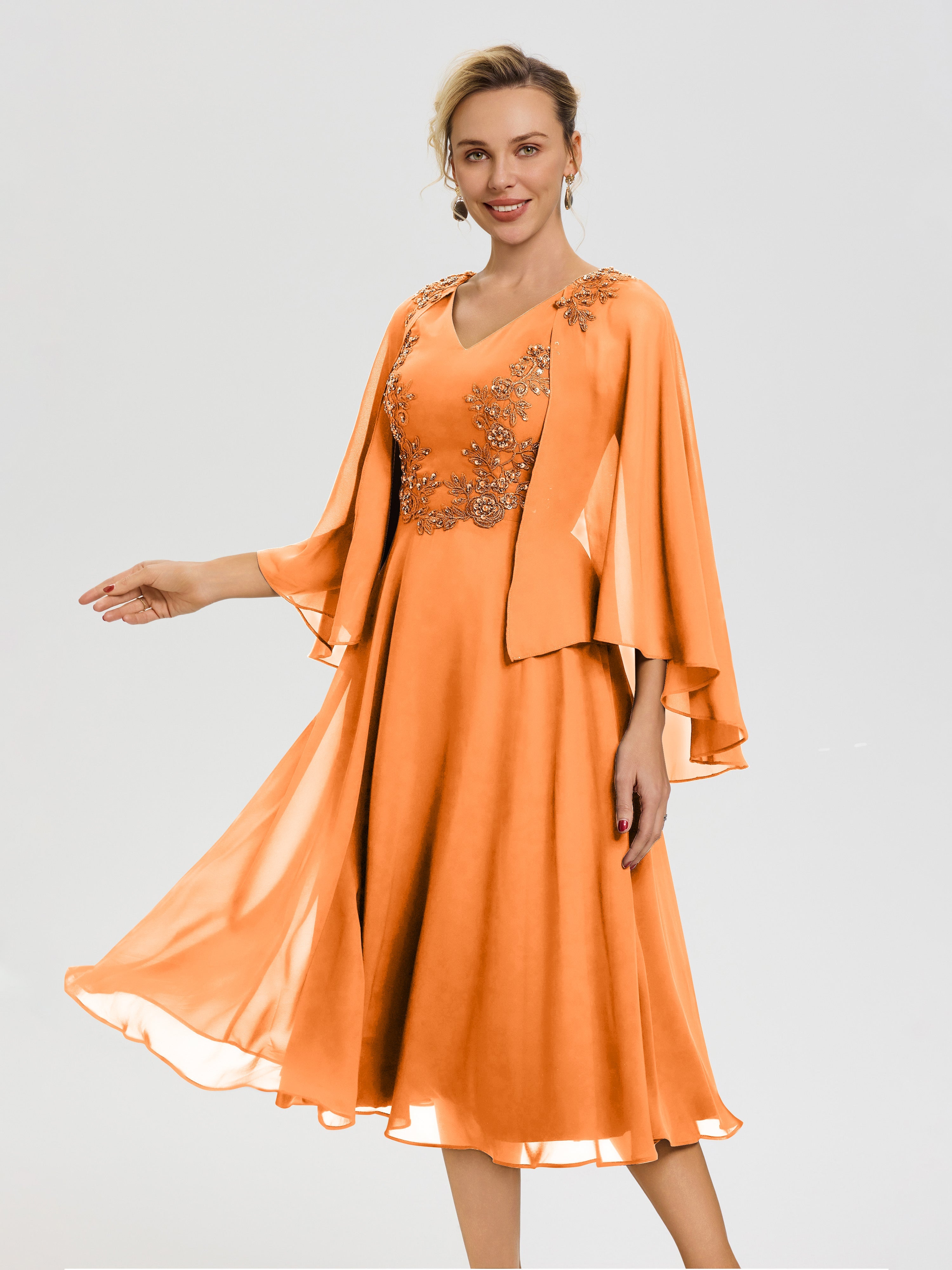 Robe Mère De Mariée Orange 3/4 Manches Col V Mousseline Dentelle Rob