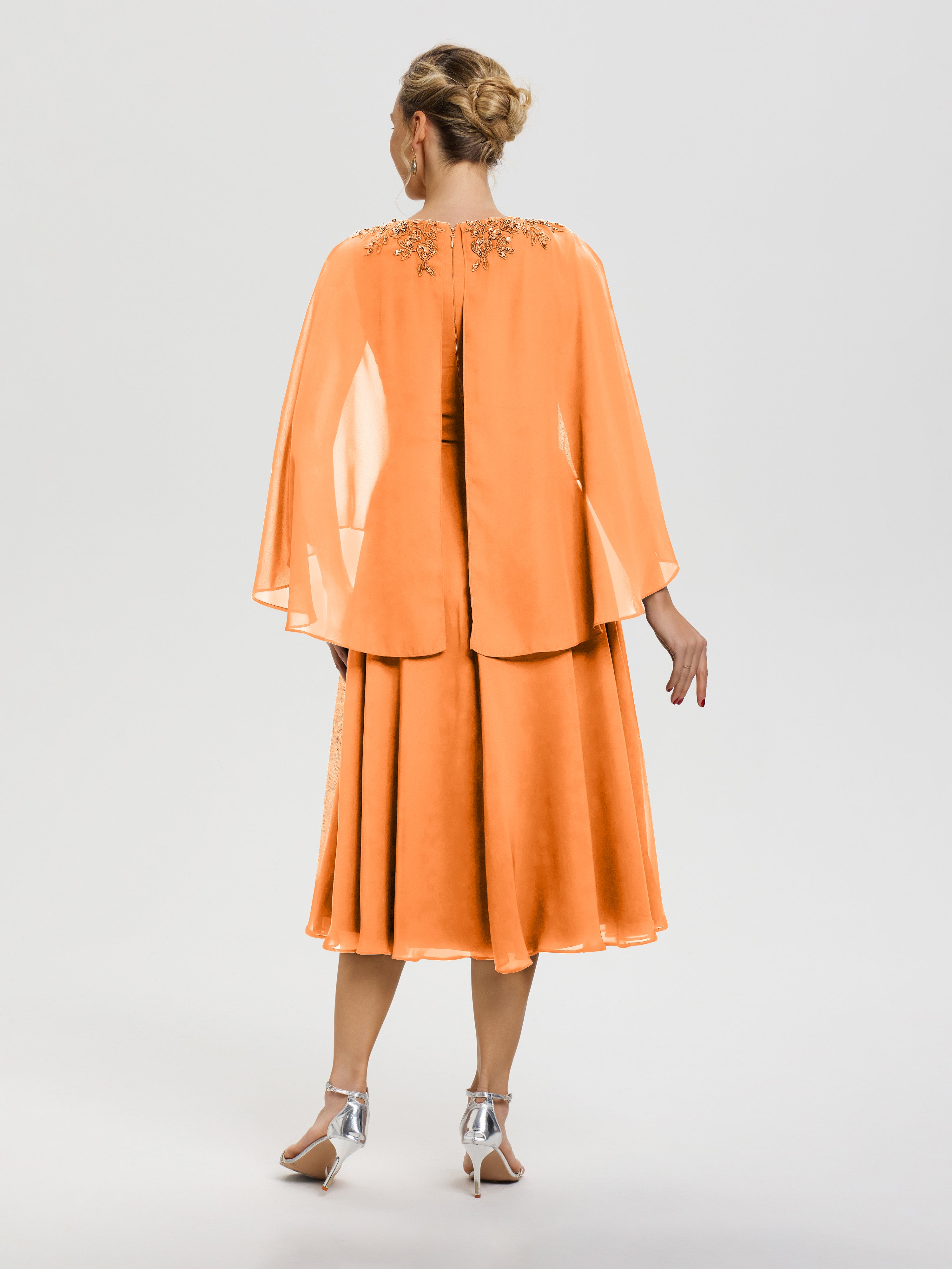 Robe Mère De Mariée Orange 3/4 Manches Col V Mousseline & Dentelle Robe Mère De Mariée