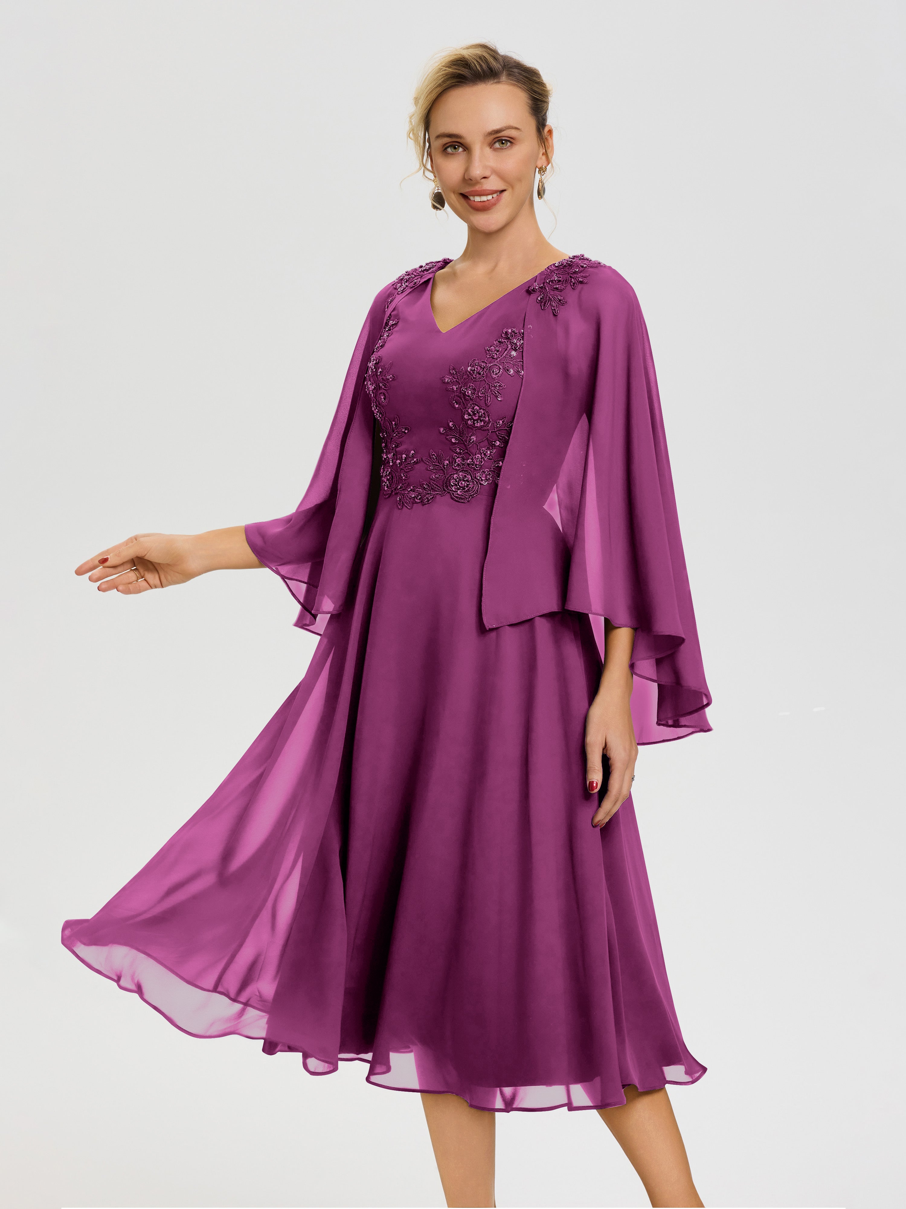 Robe De Cérémonie Mère Du Marié Orchidée 3/4 Manches Col V Mousseline & Dentelle Robe Mère De Mariée