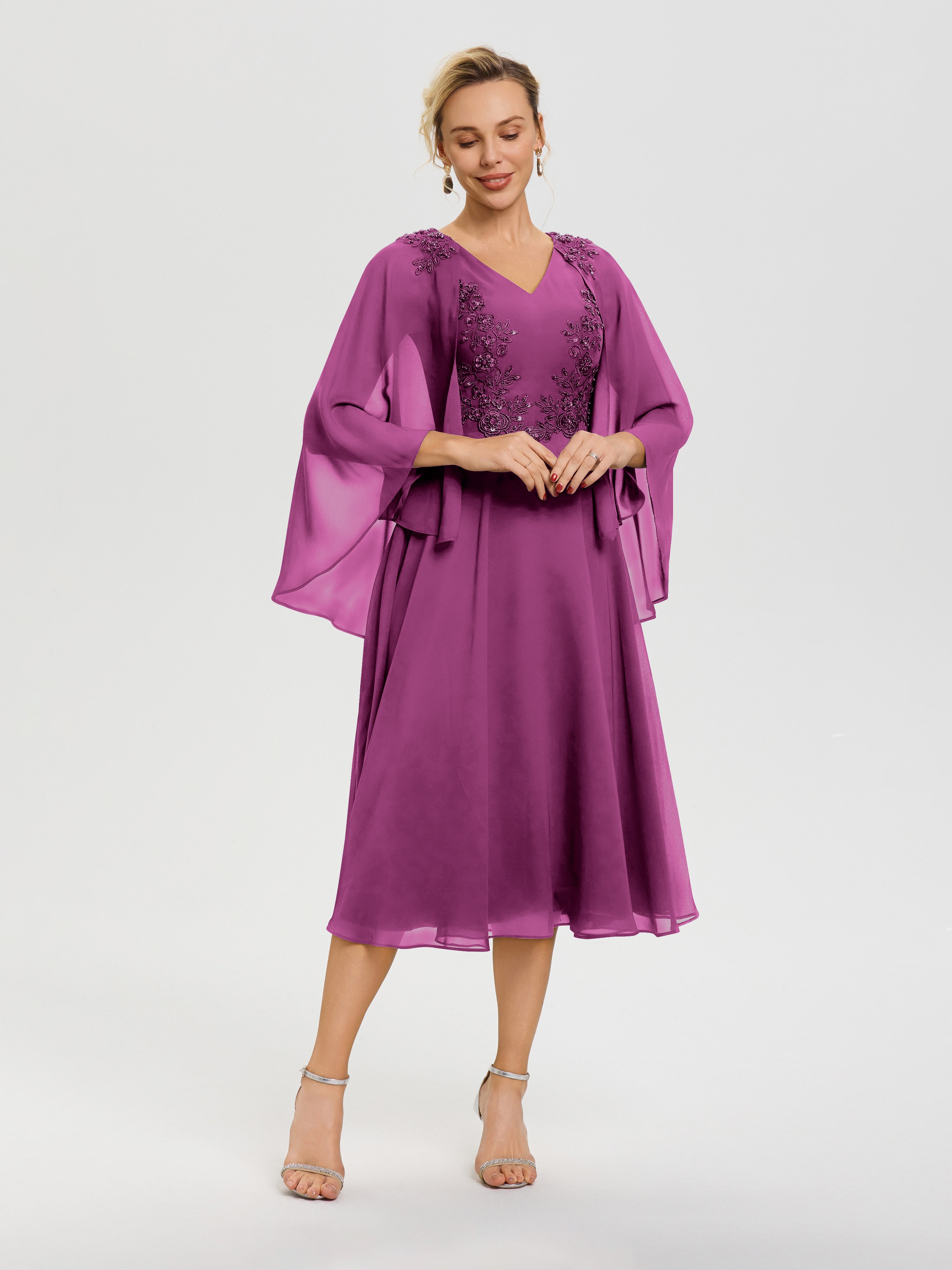 Robe De Cérémonie Mère Du Marié Orchidée 3/4 Manches Col V Mousseline & Dentelle Robe Mère De Mariée