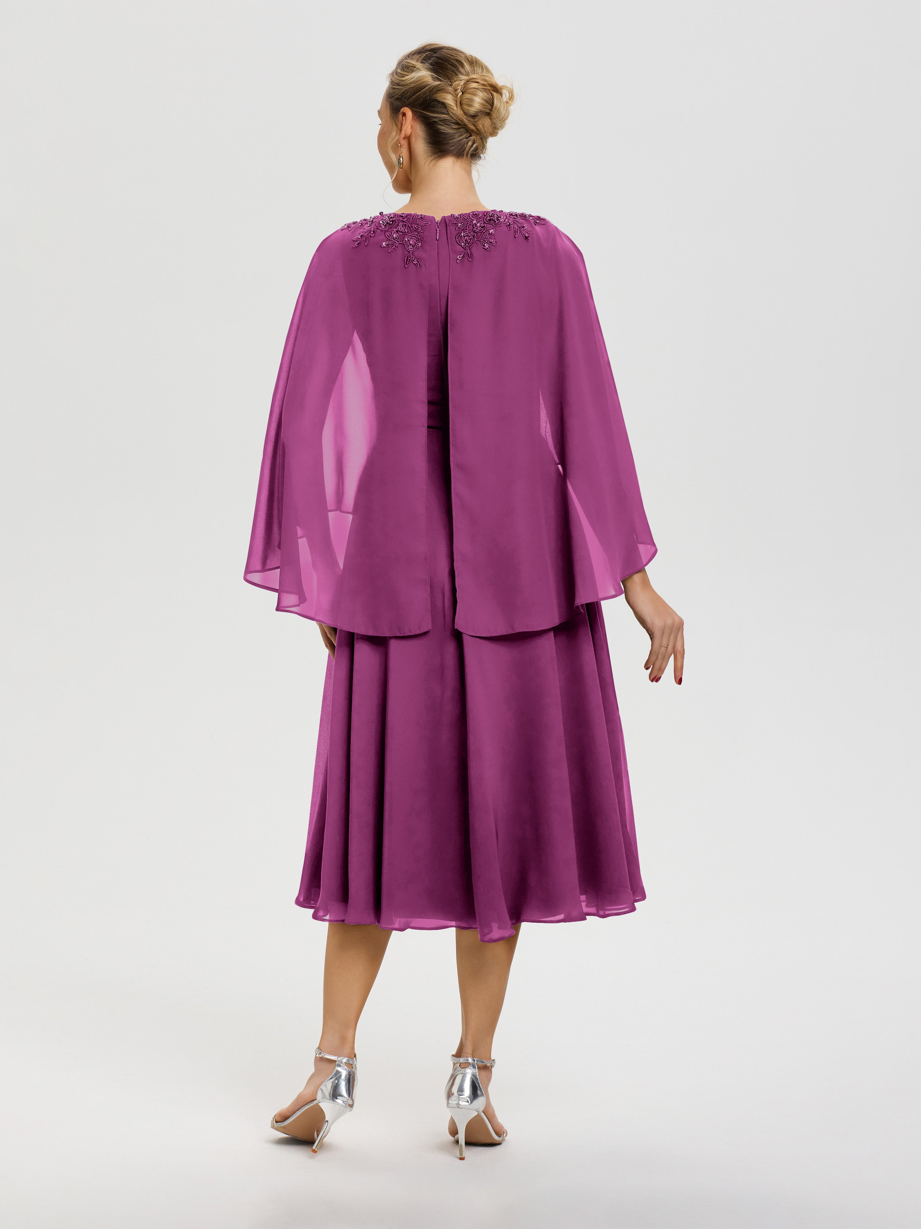 Robe De Cérémonie Mère Du Marié Orchidée 3/4 Manches Col V Mousseline & Dentelle Robe Mère De Mariée