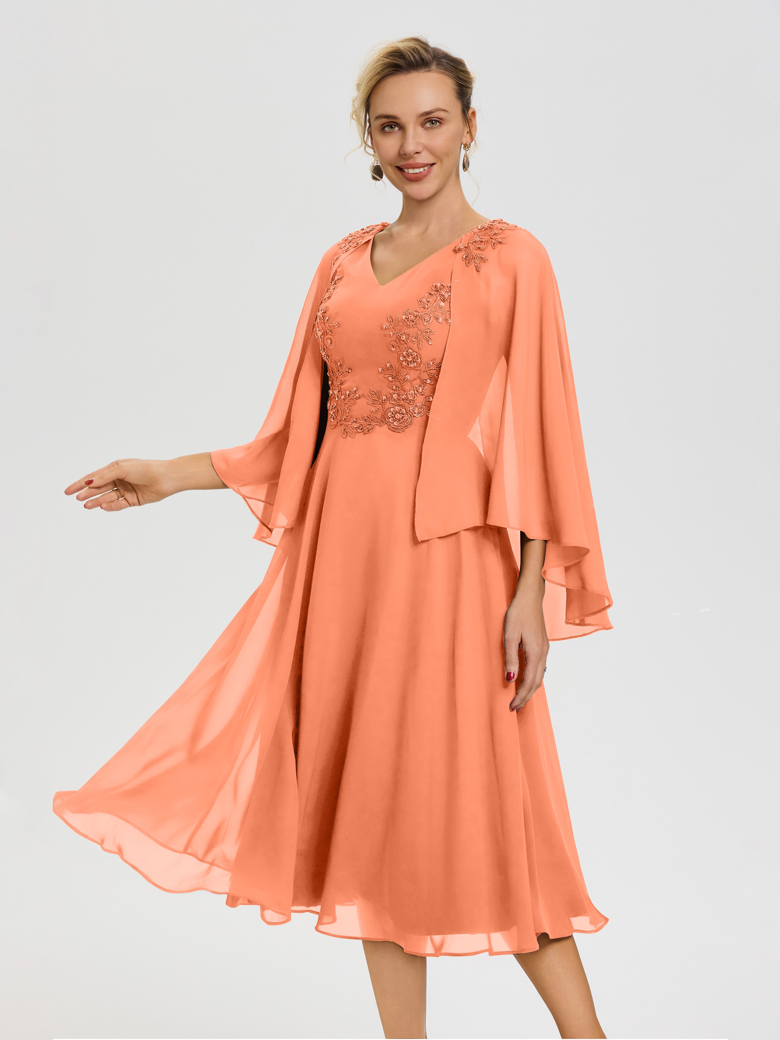 Robe De Cérémonie Mère Du Marié Papaye 3/4 Manches Col V Mousseline & Dentelle Robe Mère De Mariée