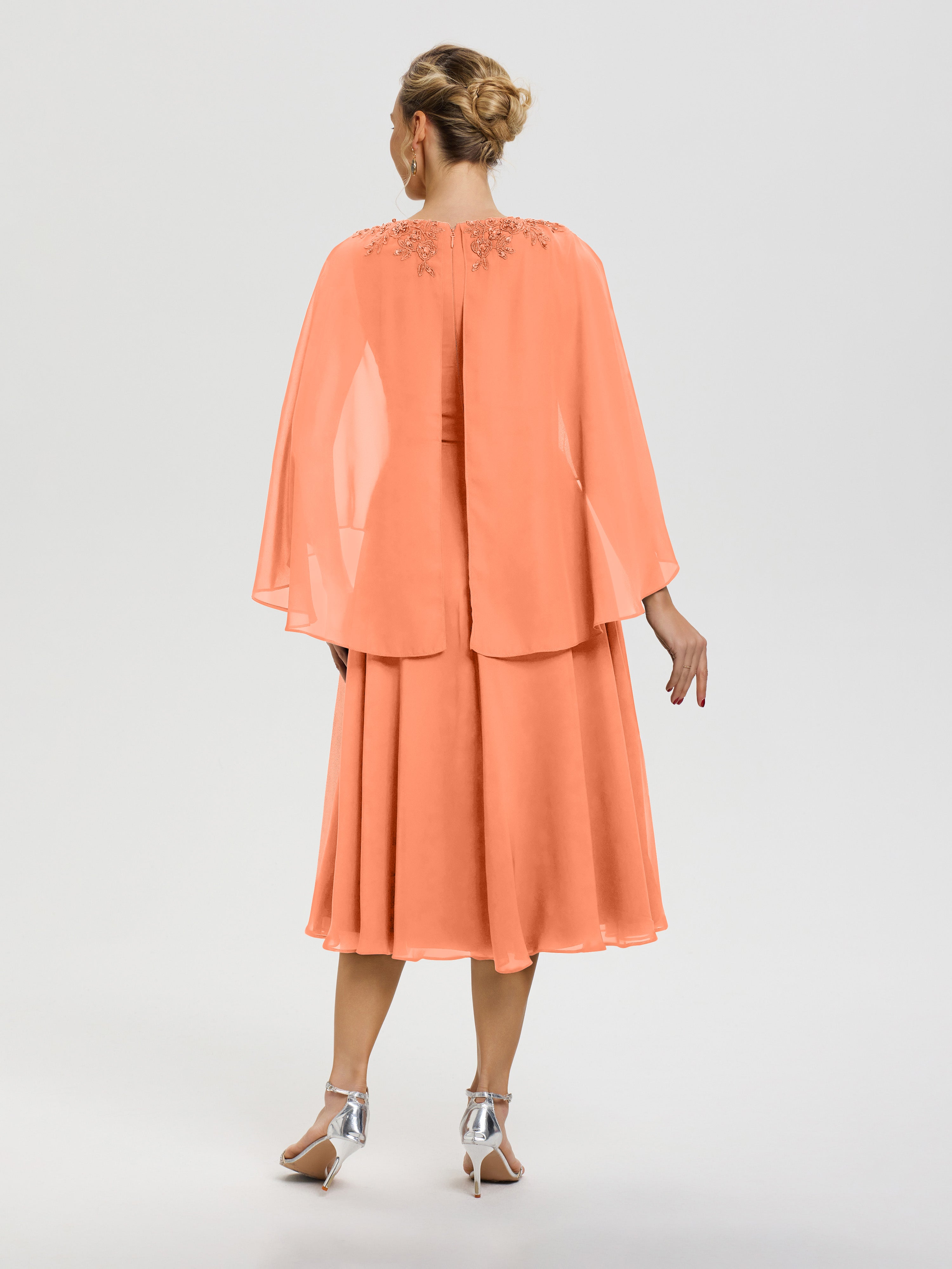 Robe De Cérémonie Mère Du Marié Papaye 3/4 Manches Col V Mousseline & Dentelle Robe Mère De Mariée