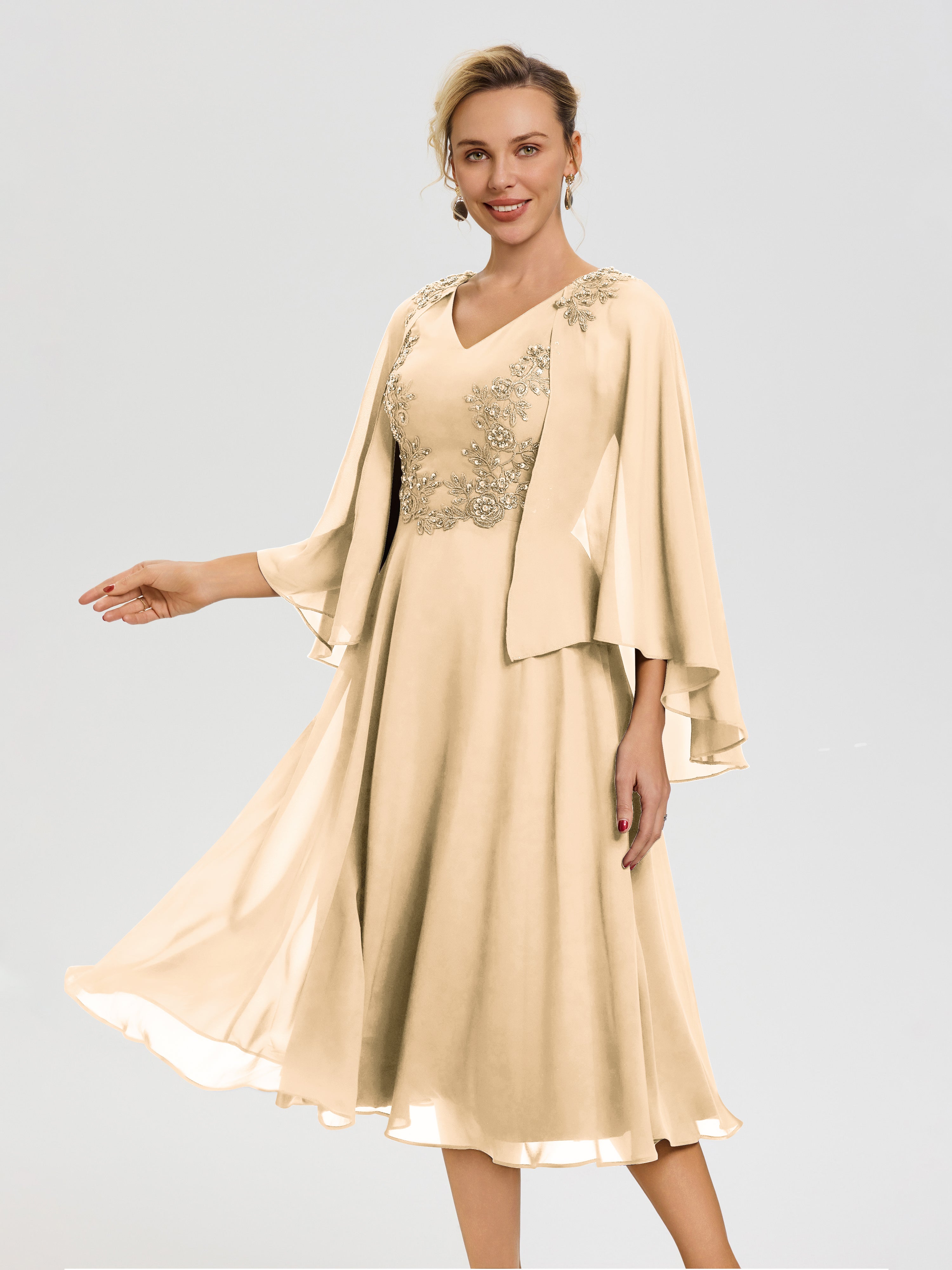 Robe De Cérémonie Mère De La Mariée Pêche 3/4 Manches Col V Mousseline & Dentelle Robe Mère De Mariée