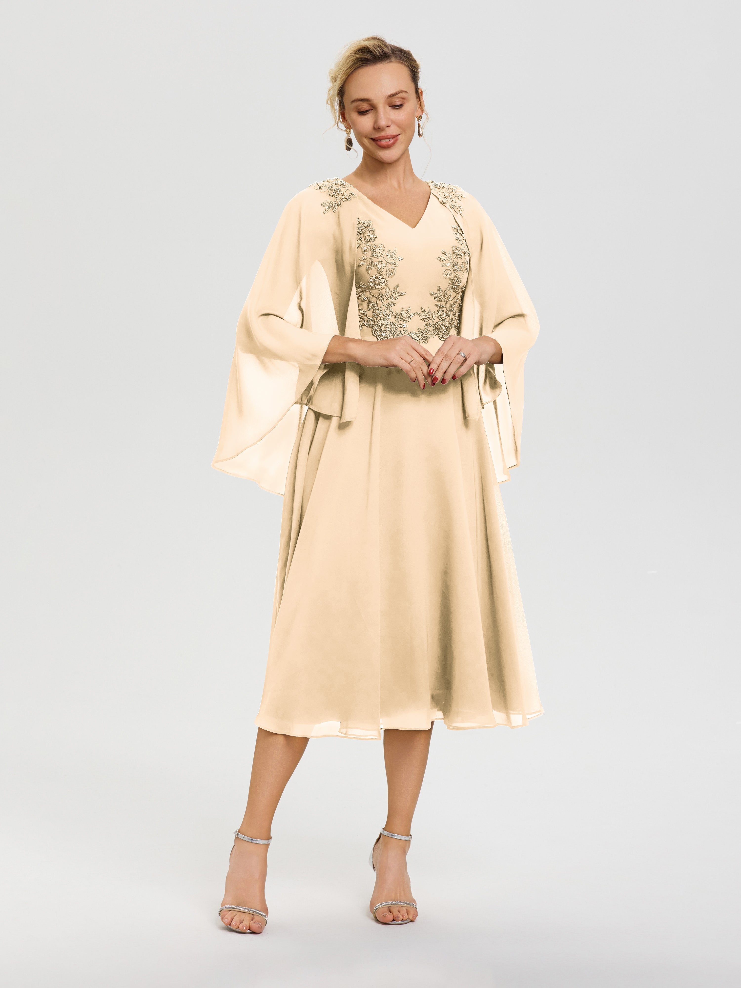 Robe De Cérémonie Mère De La Mariée Pêche 3/4 Manches Col V Mousseline & Dentelle Robe Mère De Mariée
