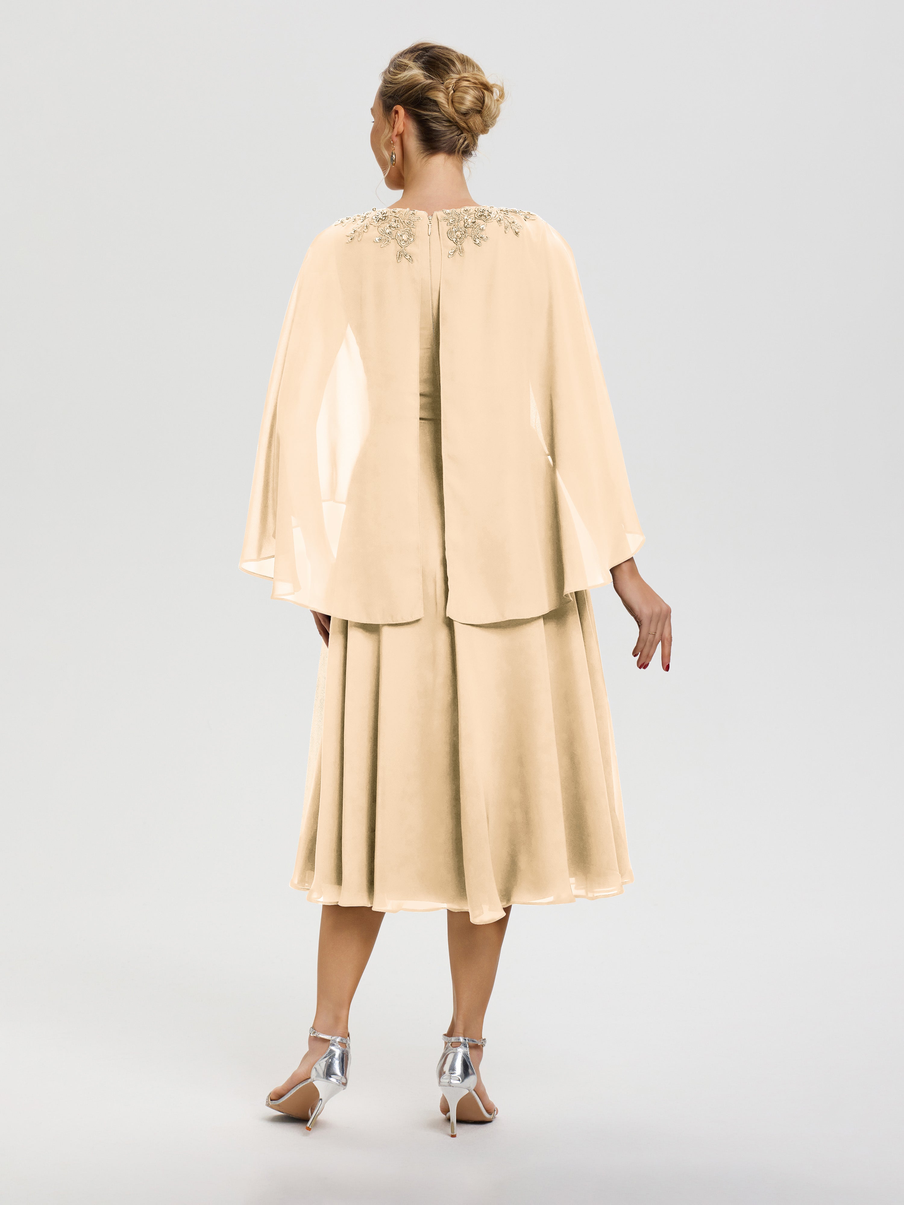 Robe De Cérémonie Mère De La Mariée Pêche 3/4 Manches Col V Mousseline & Dentelle Robe Mère De Mariée
