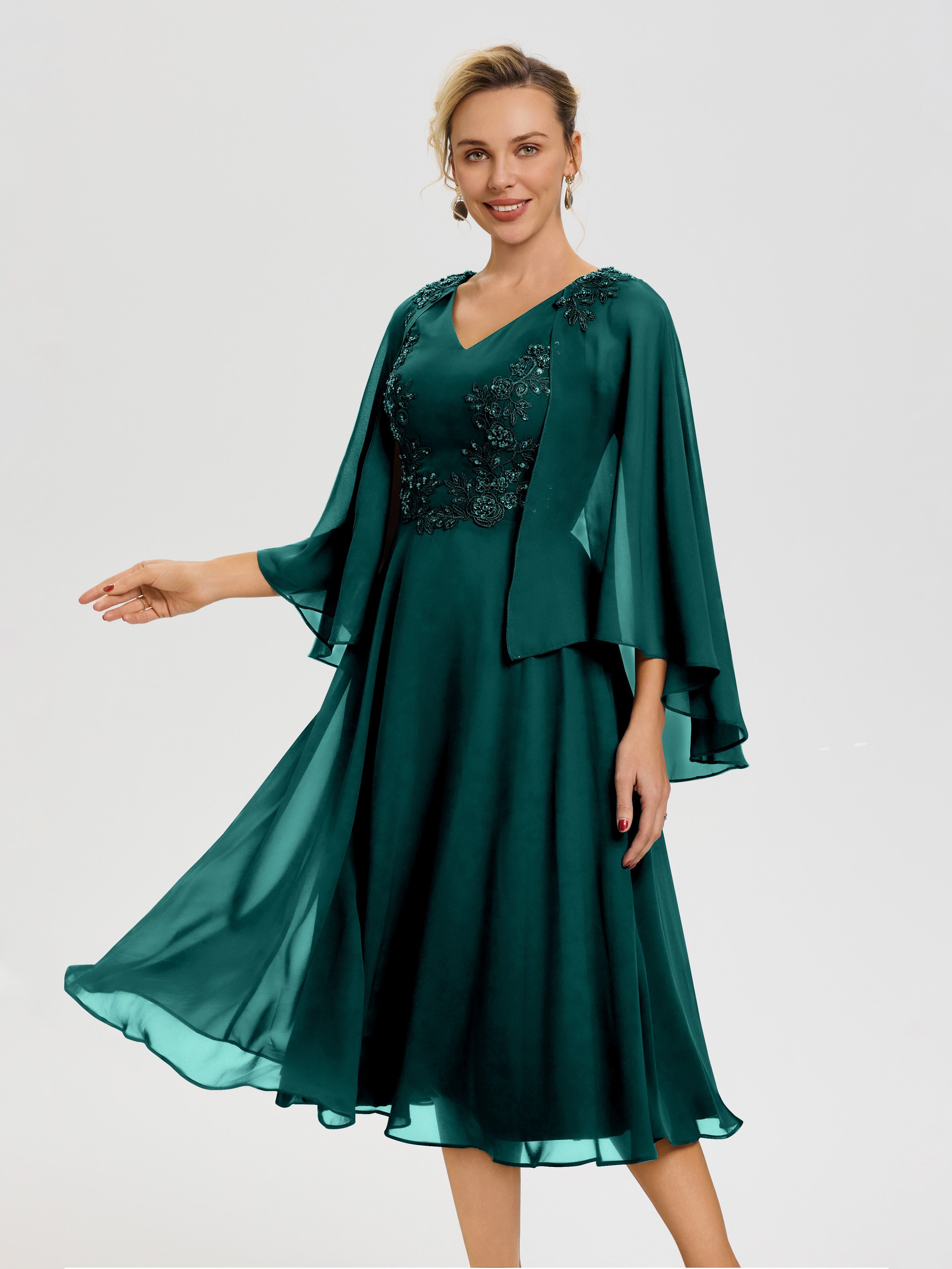 Robe De Cérémonie Mère Du Marié Paon 3/4 Manches Col V Mousseline & Dentelle Robe Mère De Mariée