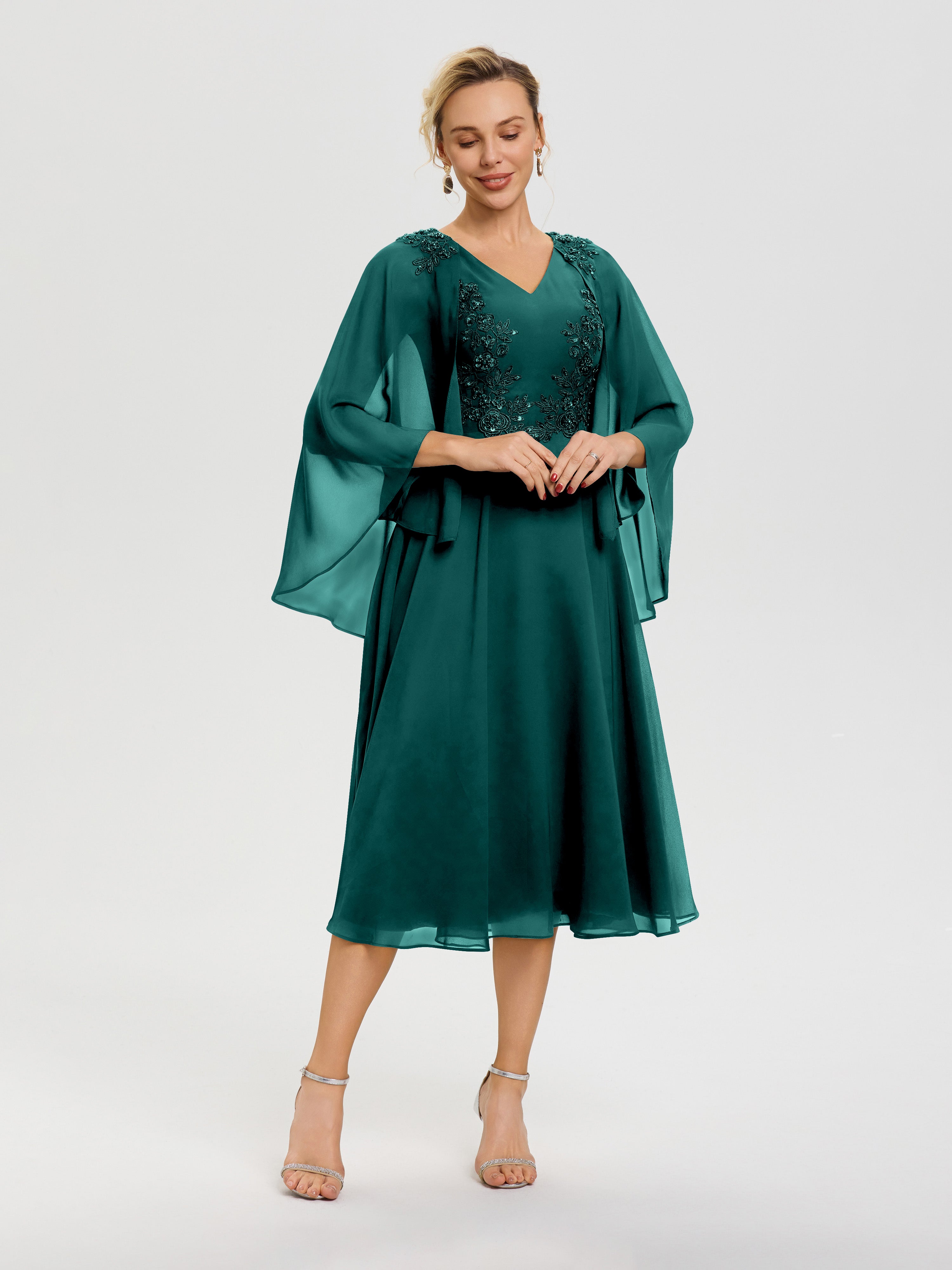 Robe De Cérémonie Mère Du Marié Paon 3/4 Manches Col V Mousseline & Dentelle Robe Mère De Mariée