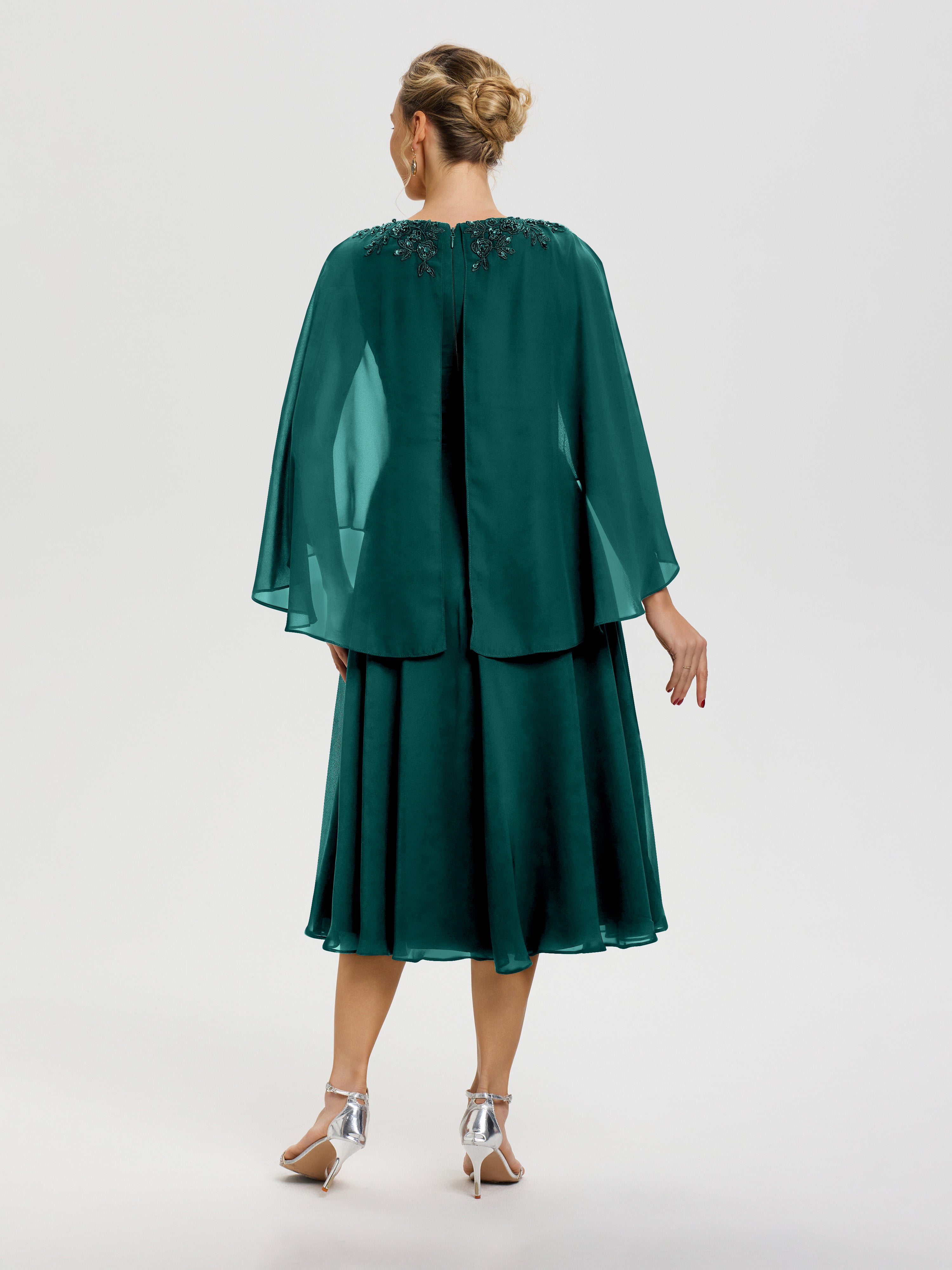 Robe De Cérémonie Mère Du Marié Paon 3/4 Manches Col V Mousseline & Dentelle Robe Mère De Mariée