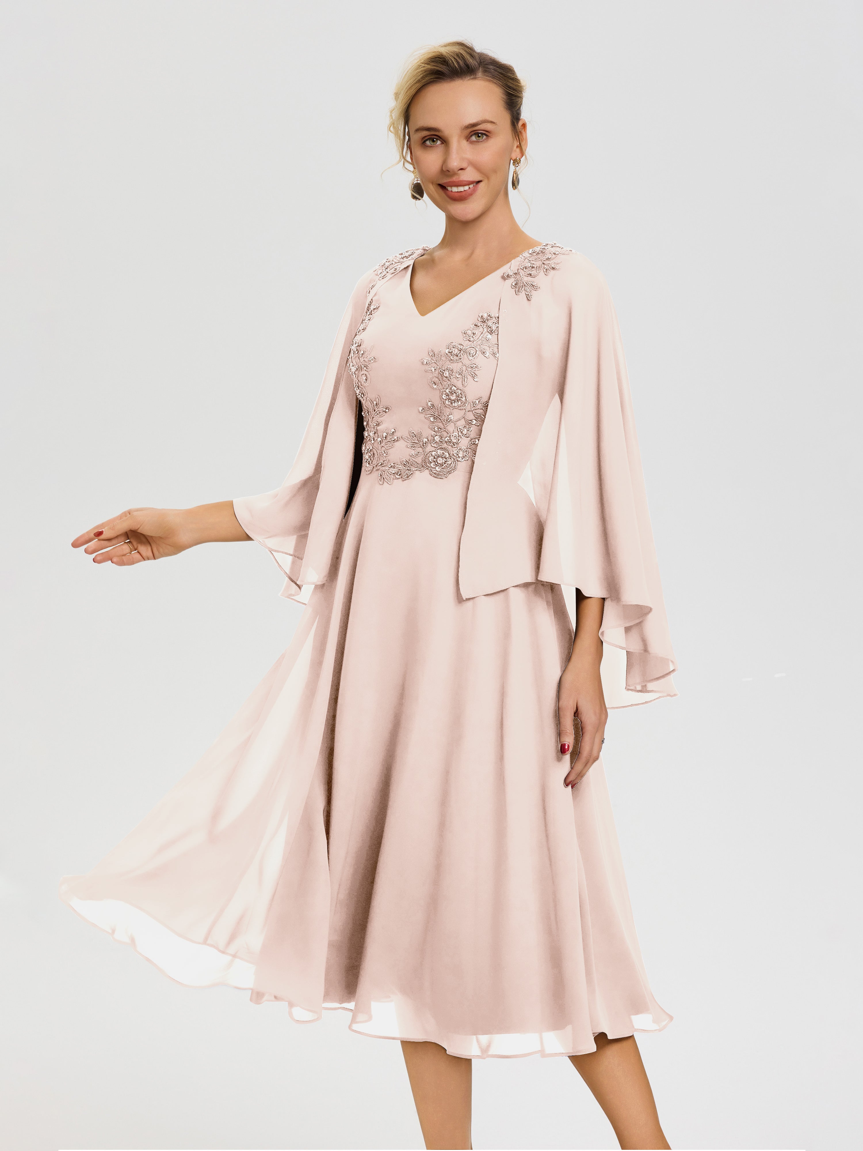 Robe De Cérémonie Mère Du Marié Rose Perle 3/4 Manches Col V Mousseline & Dentelle Robe Mère De Mariée