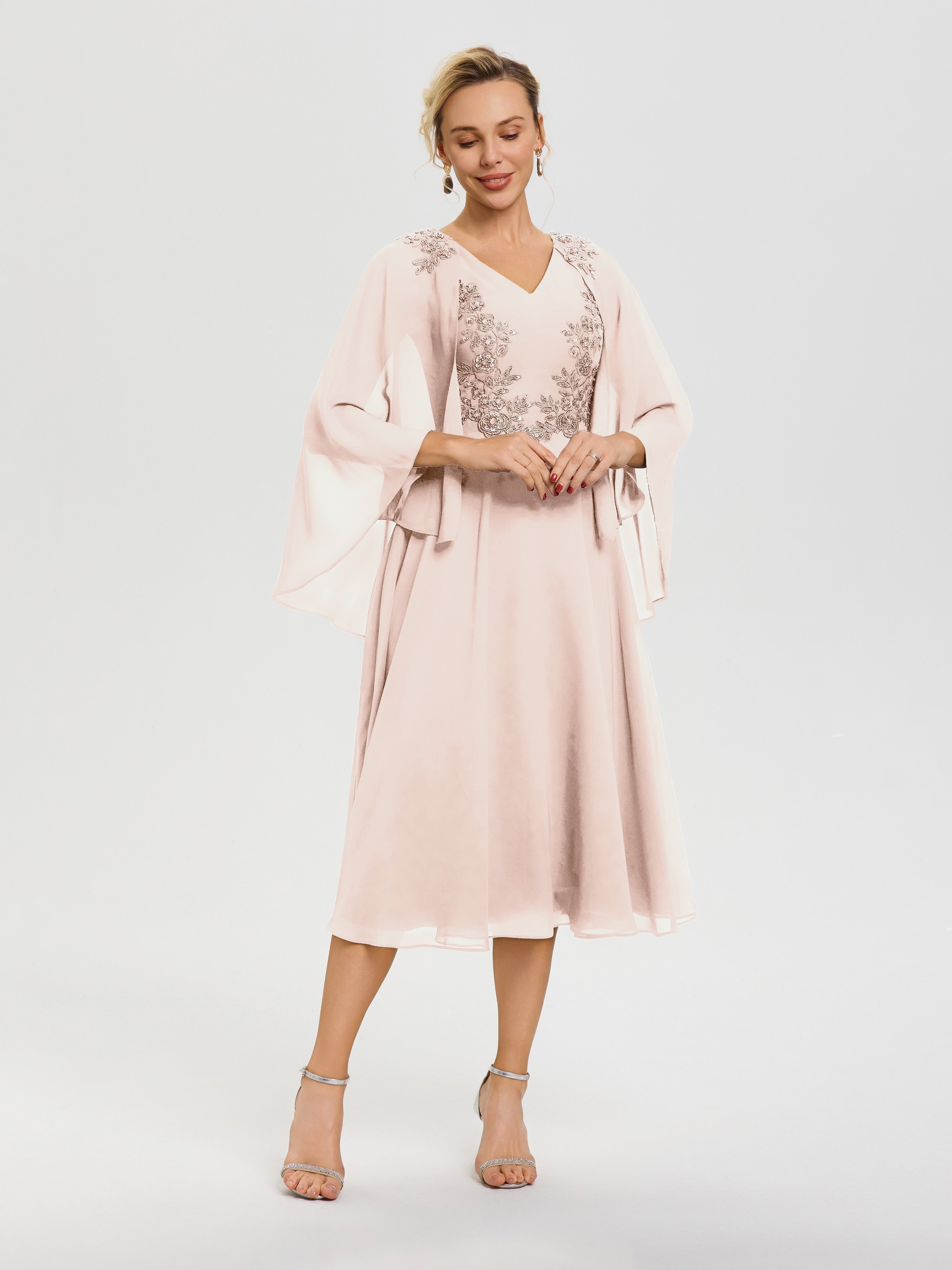 Robe De Cérémonie Mère Du Marié Rose Perle 3/4 Manches Col V Mousseline & Dentelle Robe Mère De Mariée