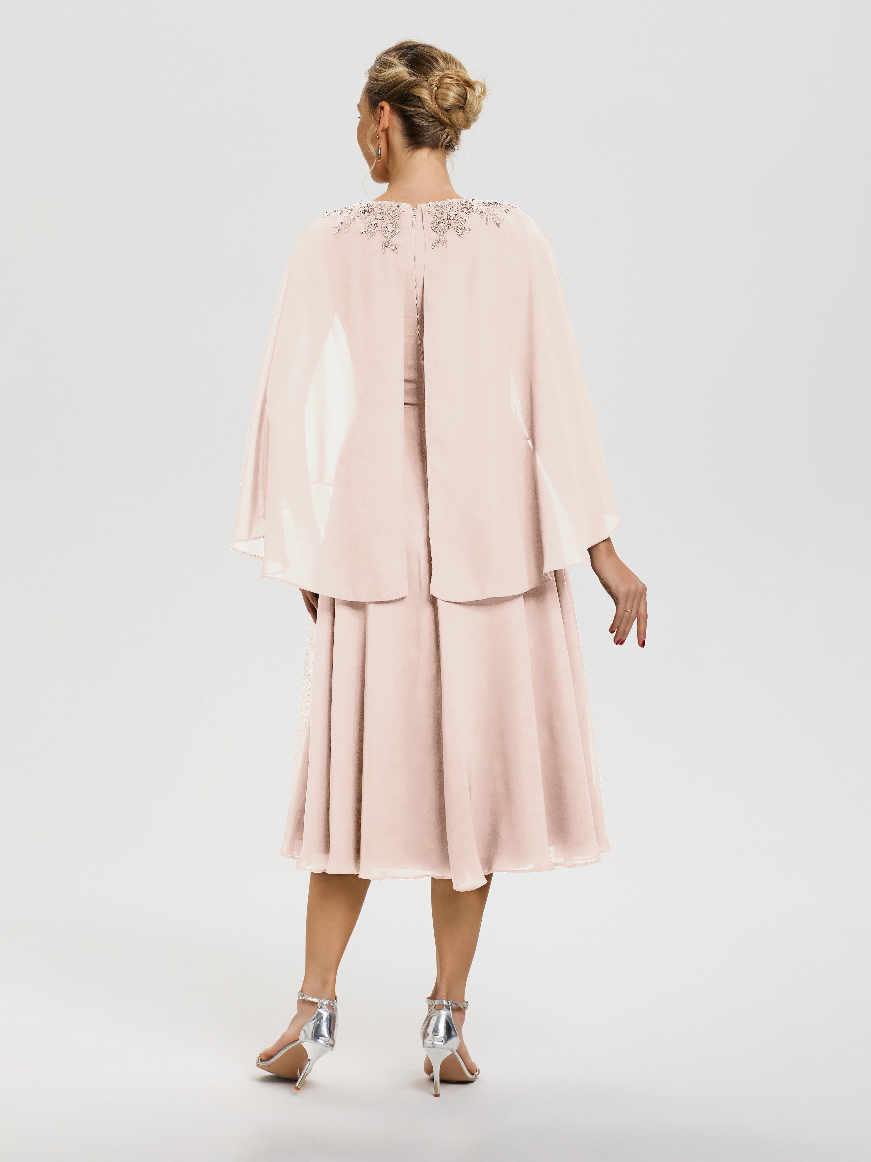 Robe De Cérémonie Mère Du Marié Rose Perle 3/4 Manches Col V Mousseline & Dentelle Robe Mère De Mariée