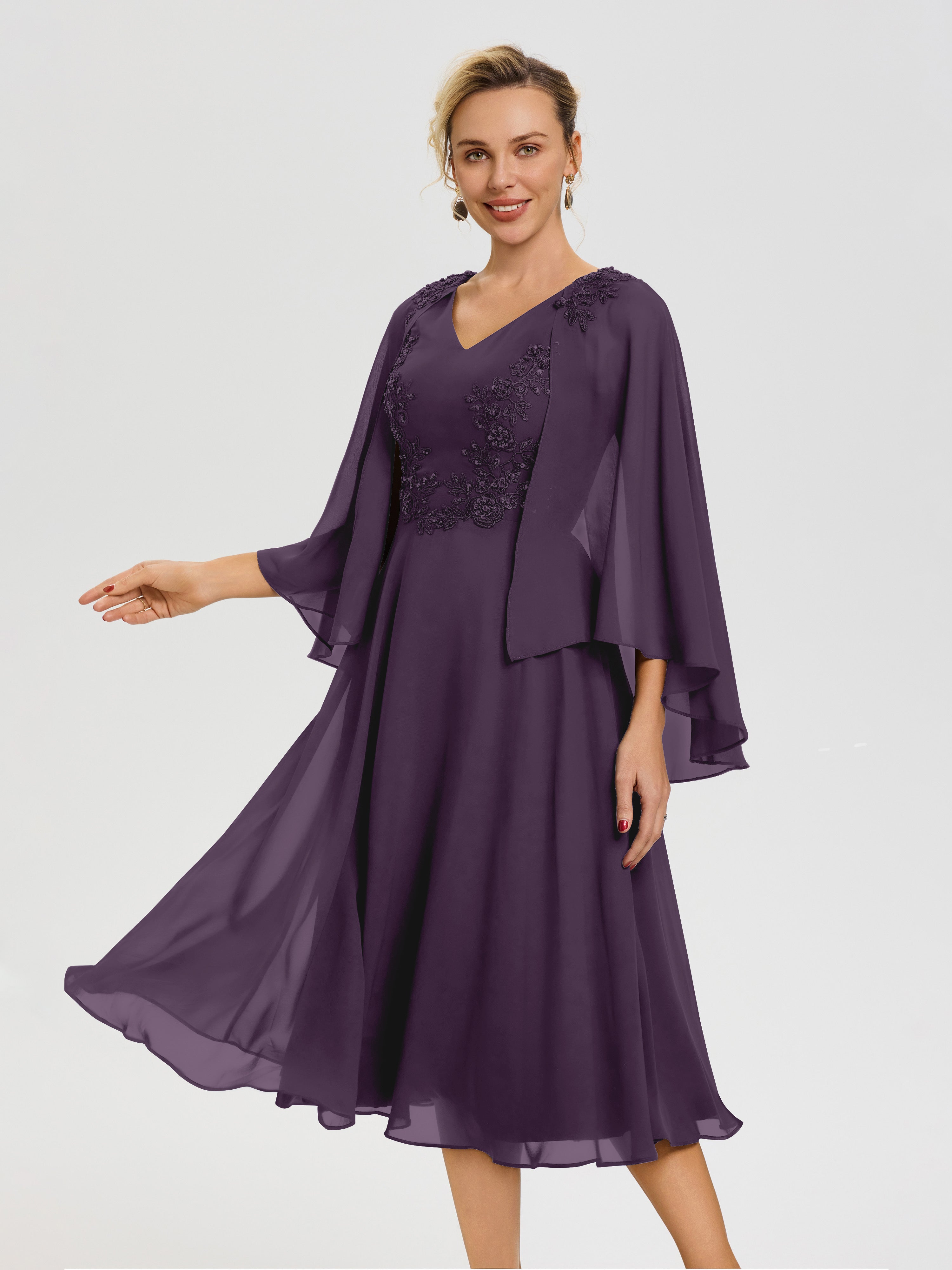 Robe De Cérémonie Mère Du Marié Plum 3/4 Manches Col V Mousseline & Dentelle Robe Mère De Mariée