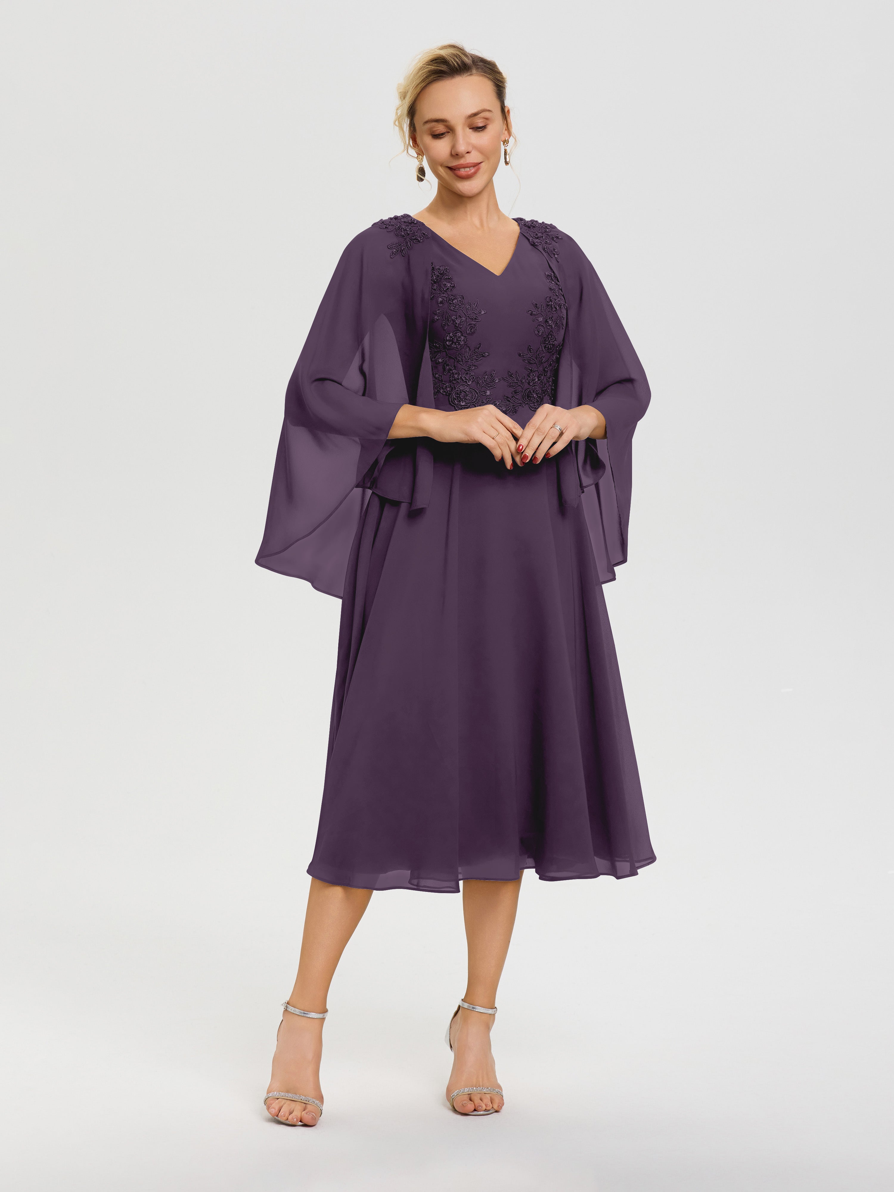Robe De Cérémonie Mère Du Marié Plum 3/4 Manches Col V Mousseline & Dentelle Robe Mère De Mariée