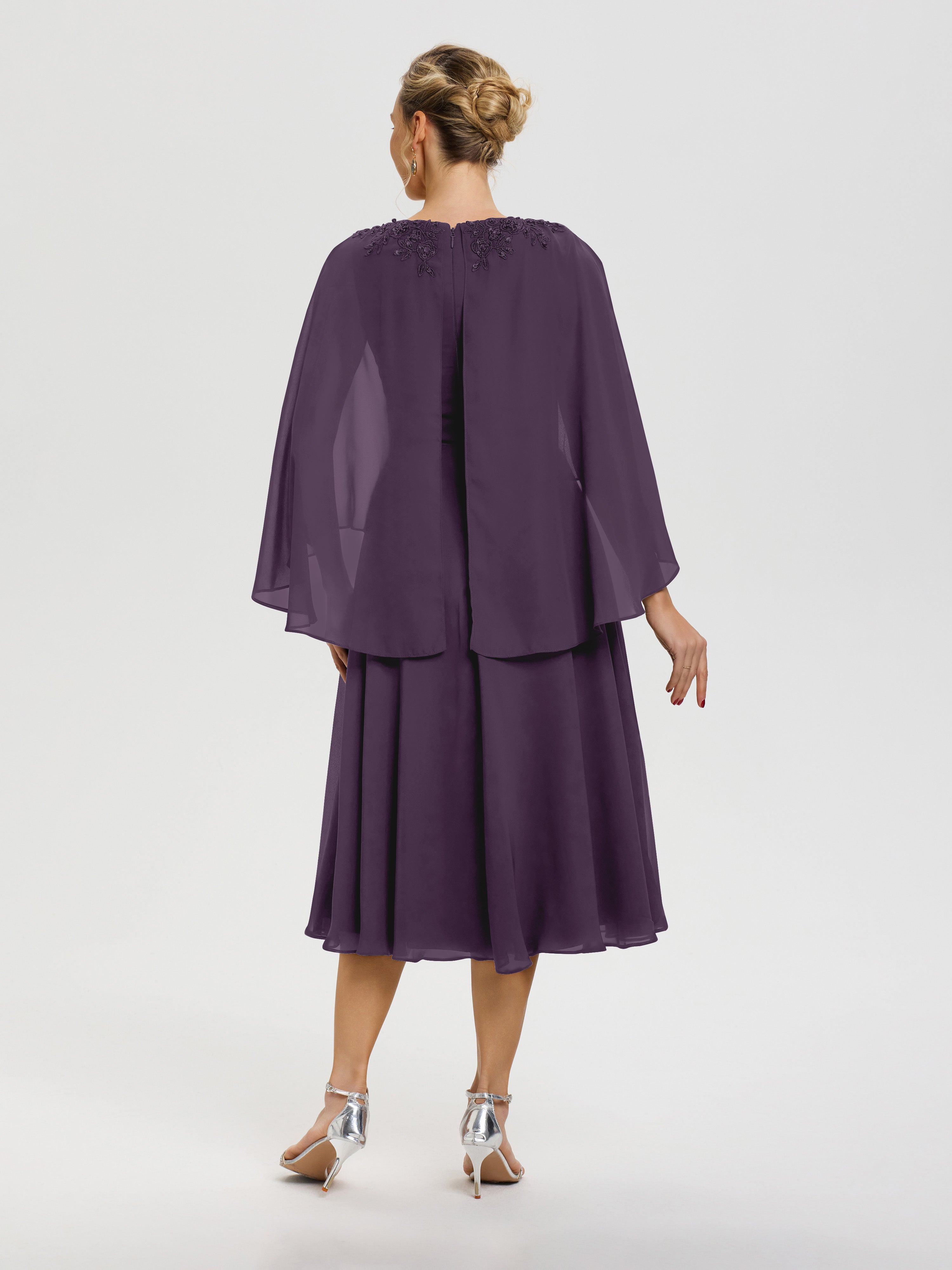 Robe De Cérémonie Mère Du Marié Plum 3/4 Manches Col V Mousseline & Dentelle Robe Mère De Mariée