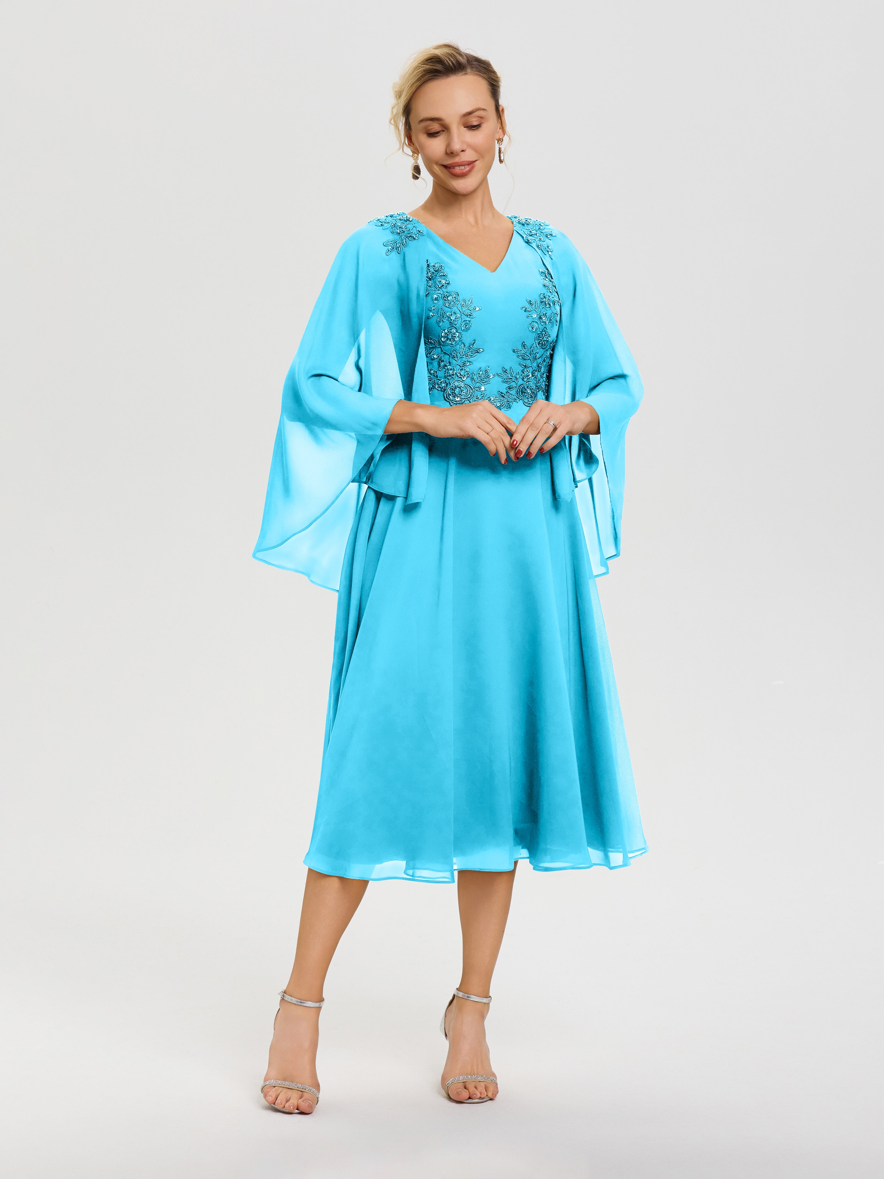 Robe De Cérémonie Mère Du Marié Piscine 3/4 Manches Col V Mousseline & Dentelle Robe Mère De Mariée