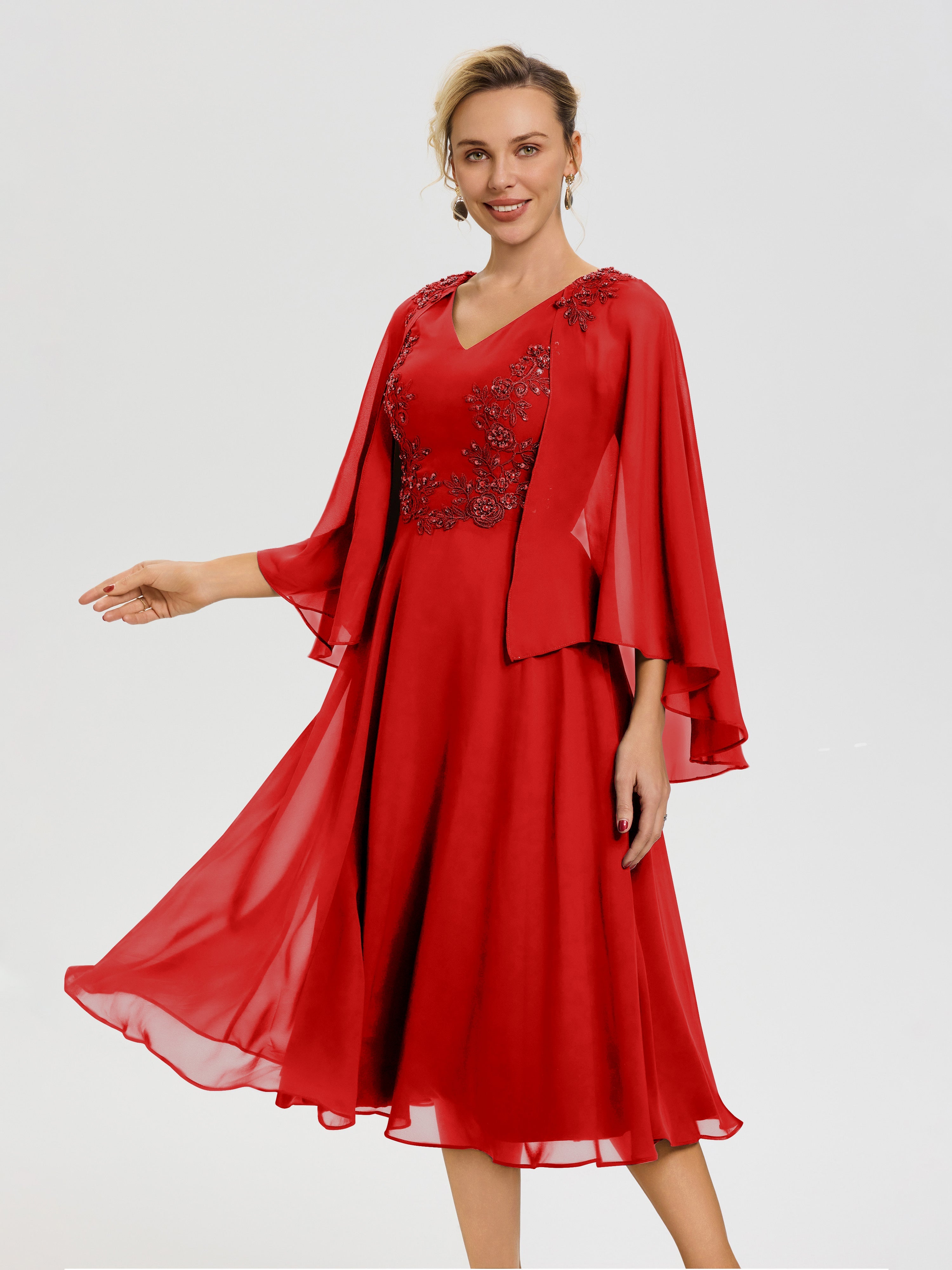 Robe De Cérémonie Mère Du Marié Rouge 3/4 Manches Col V Mousseline & Dentelle Robe Mère De Mariée