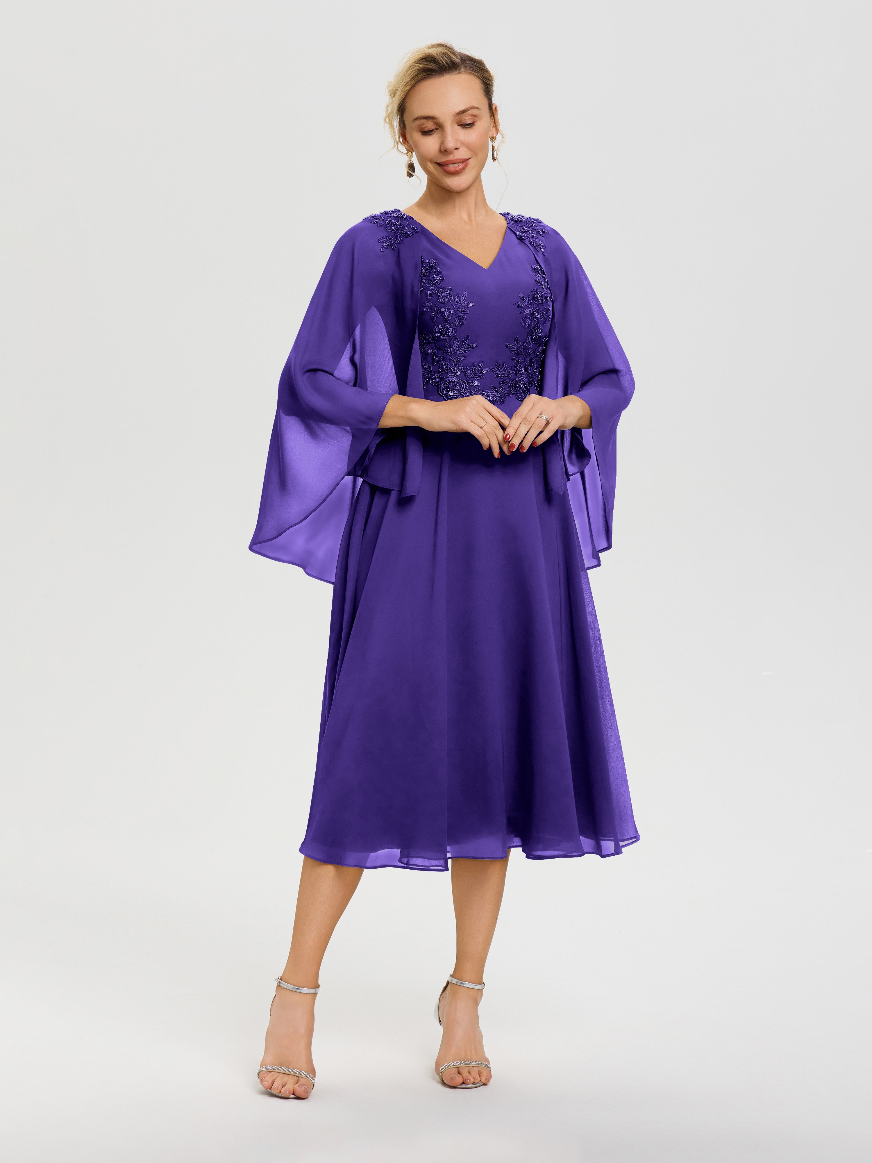 Robe De Cérémonie Mère Du Marié Régence 3/4 Manches Col V Mousseline & Dentelle Robe Mère De Mariée