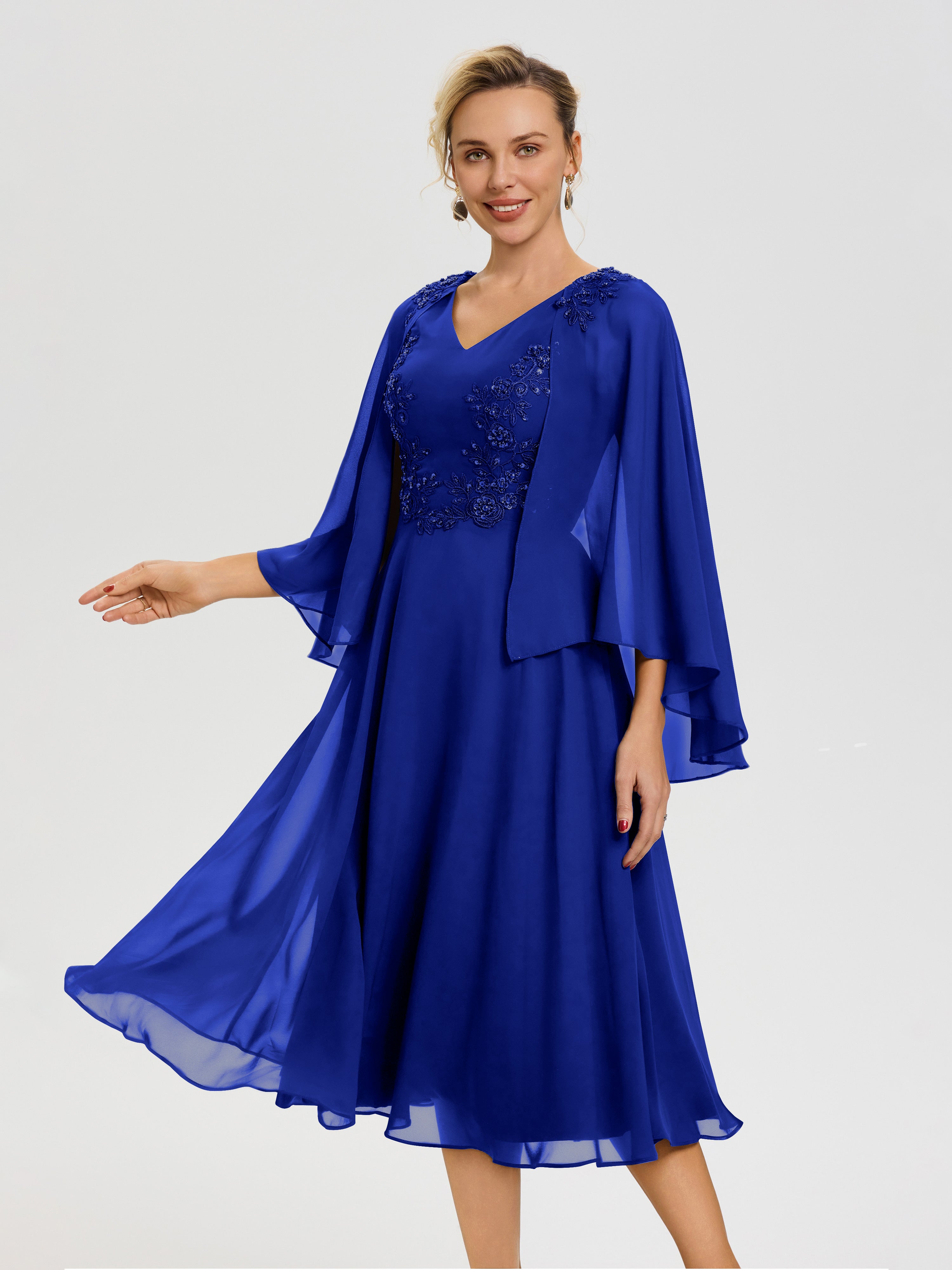 Robe Mère Du Marié Bleu Royale 3/4 Manches Col V Mousseline & Dentelle Robe Mère De Mariée