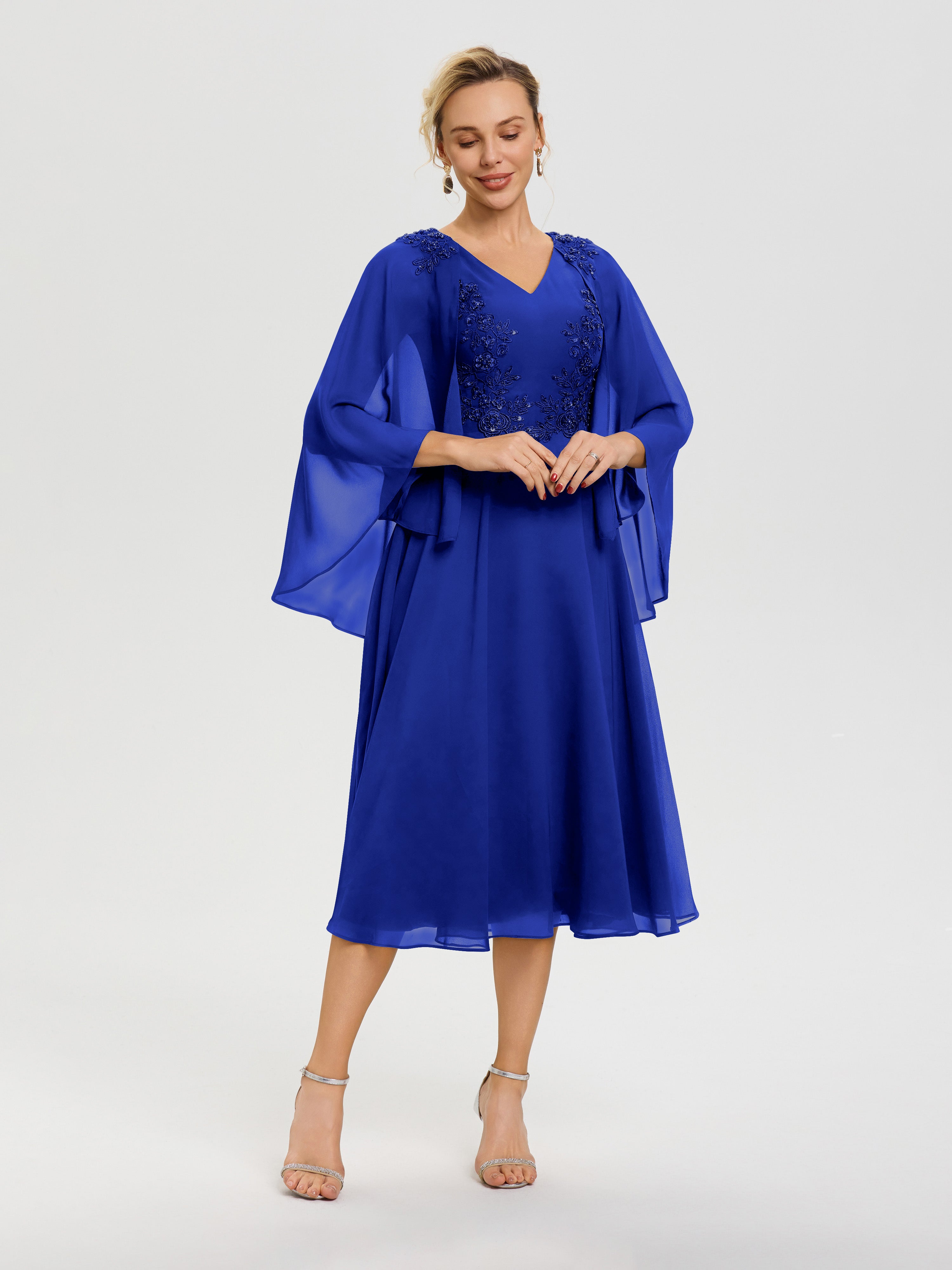 Robe Mère Du Marié Bleu Royale 3/4 Manches Col V Mousseline & Dentelle Robe Mère De Mariée