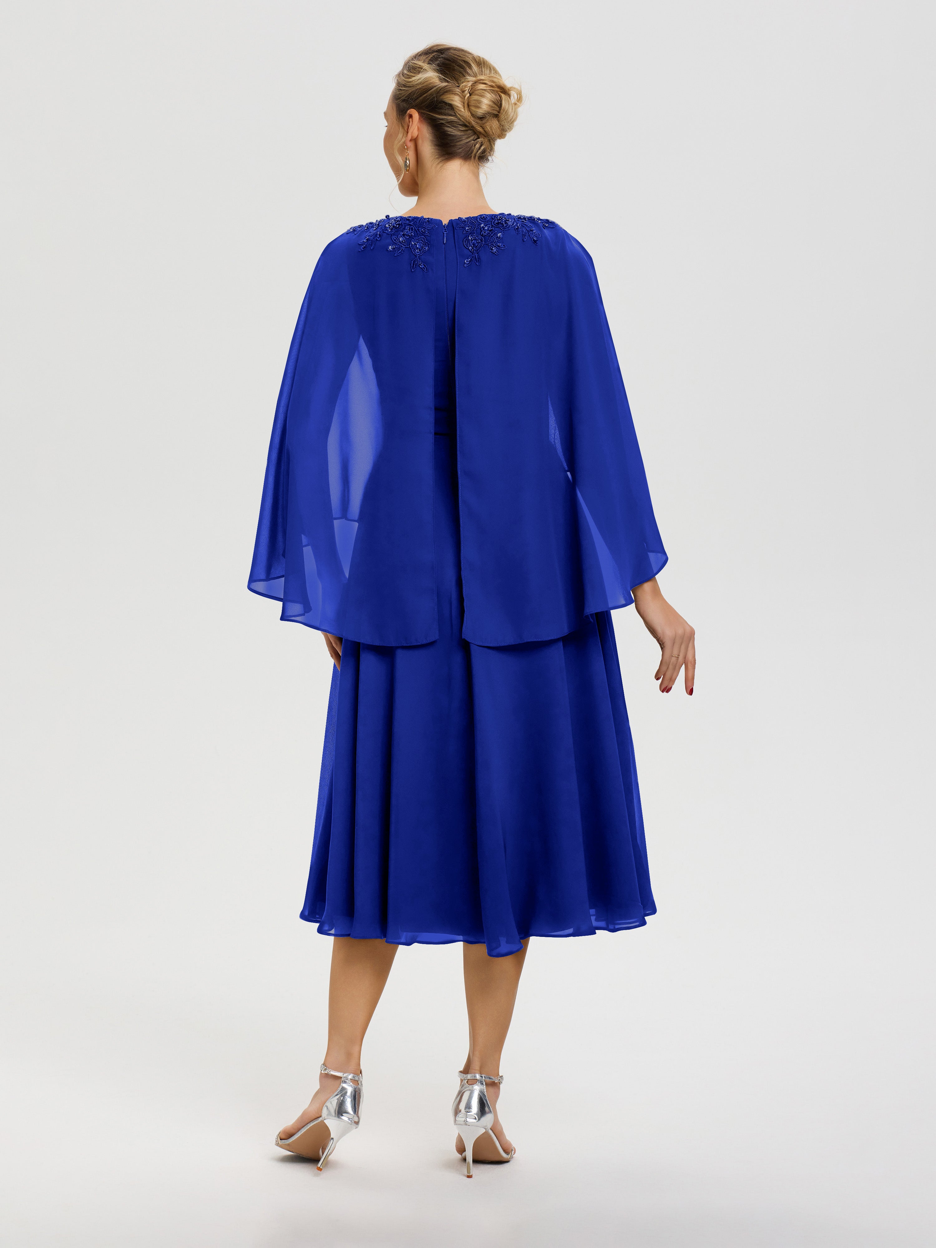 Robe Mère Du Marié Bleu Royale 3/4 Manches Col V Mousseline & Dentelle Robe Mère De Mariée