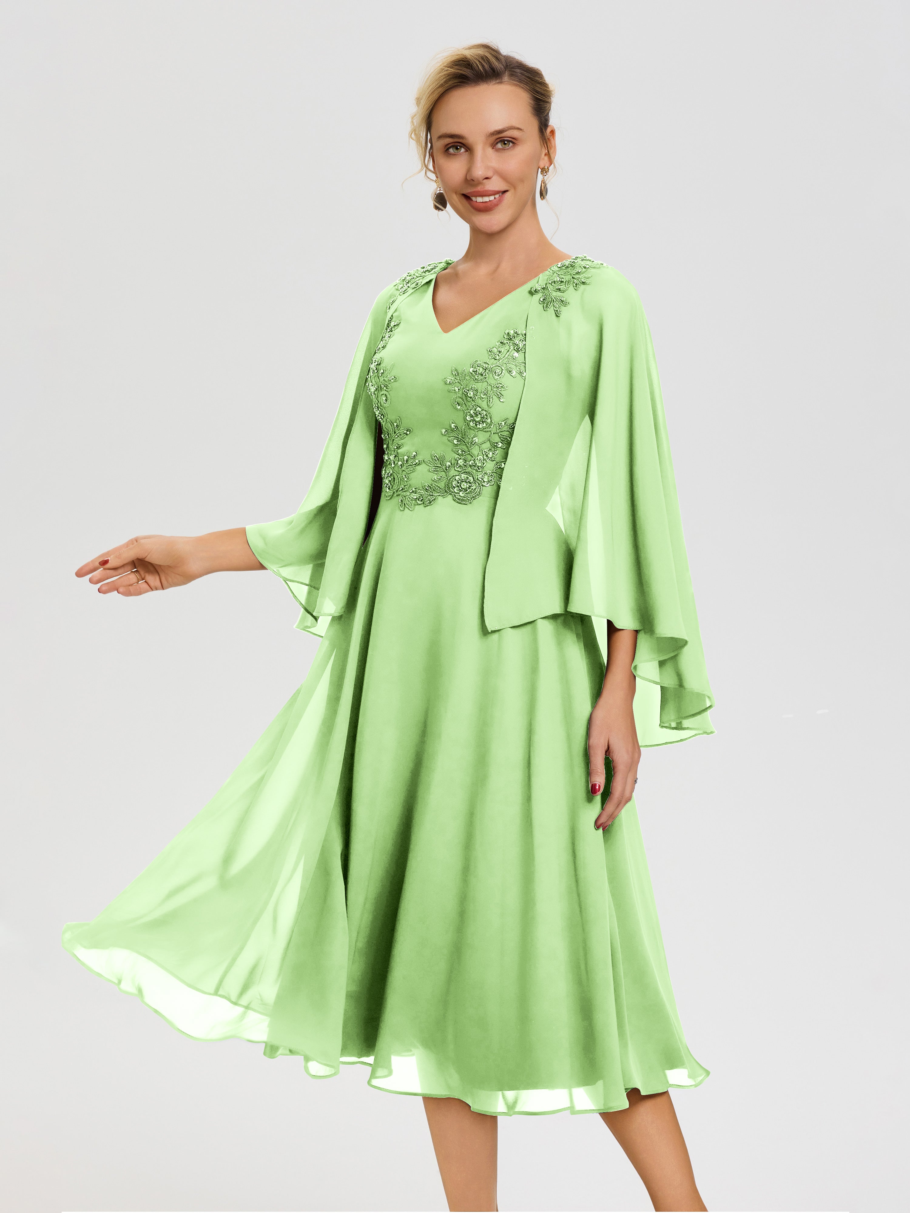 Robe Mère De La Mariée Vert Sauge 3/4 Manches Col V Mousseline & Dentelle Robe Mère De Mariée