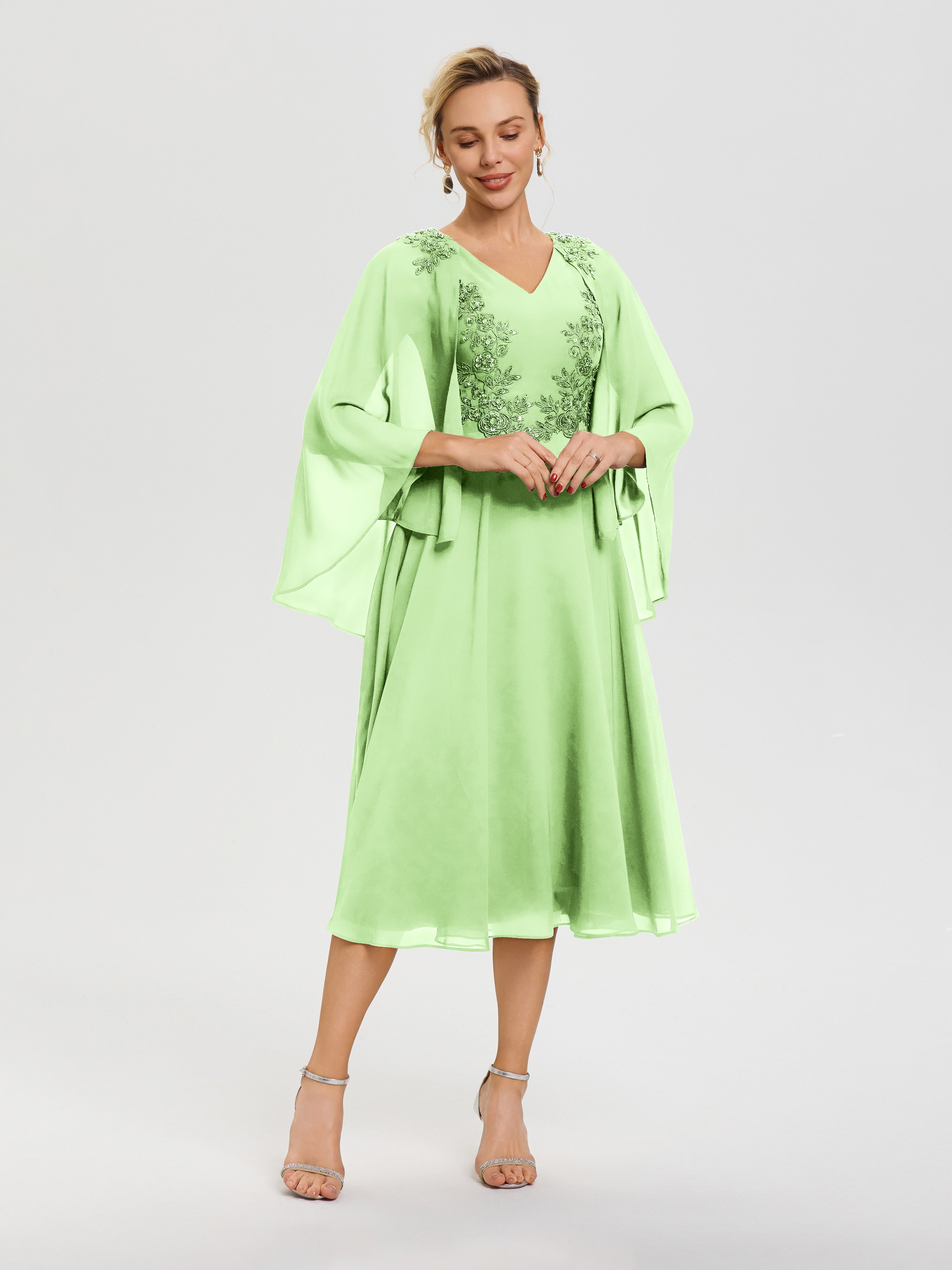 Robe Mère De La Mariée Vert Sauge 3/4 Manches Col V Mousseline & Dentelle Robe Mère De Mariée