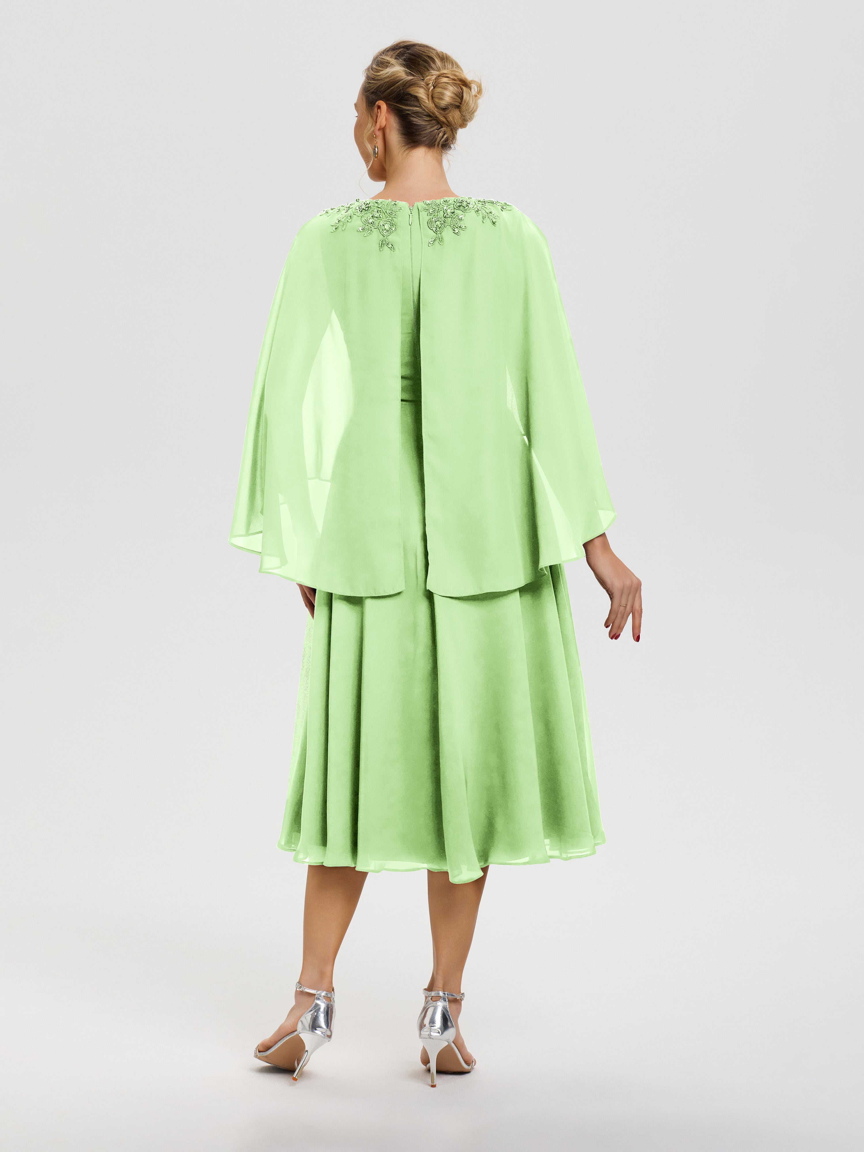 Robe Mère De La Mariée Vert Sauge 3/4 Manches Col V Mousseline & Dentelle Robe Mère De Mariée