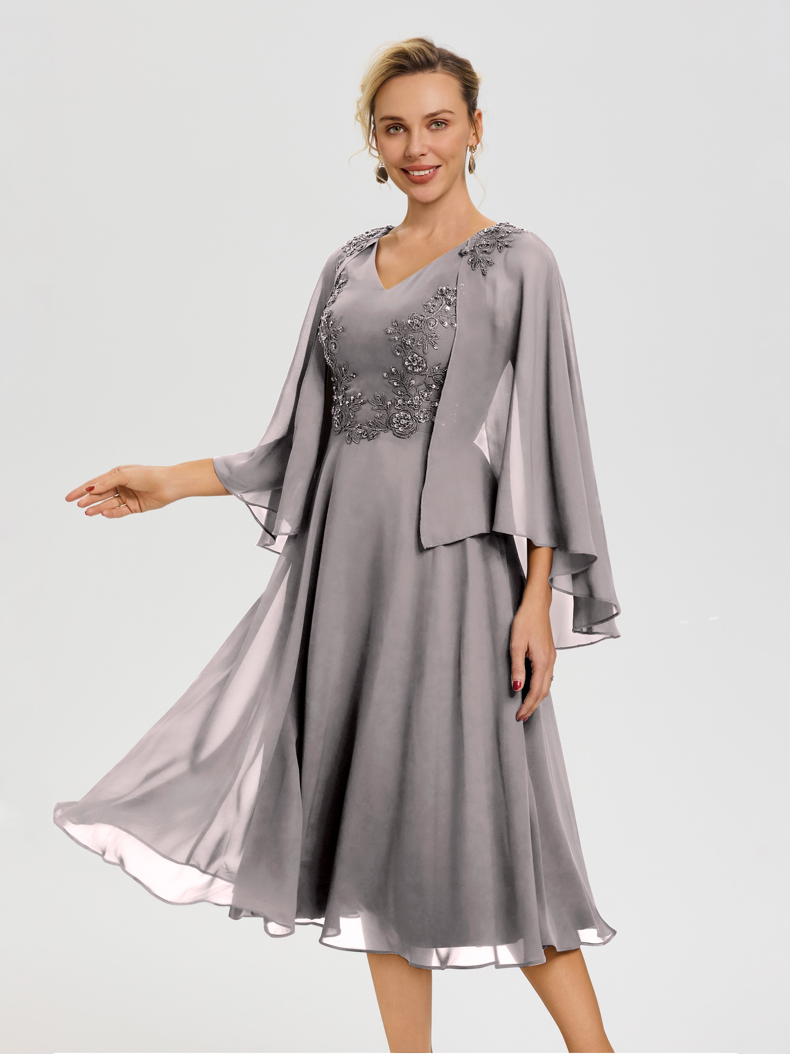 Robe Mère Du Marié Argent 3/4 Manches Col V Mousseline & Dentelle Robe Mère De Mariée