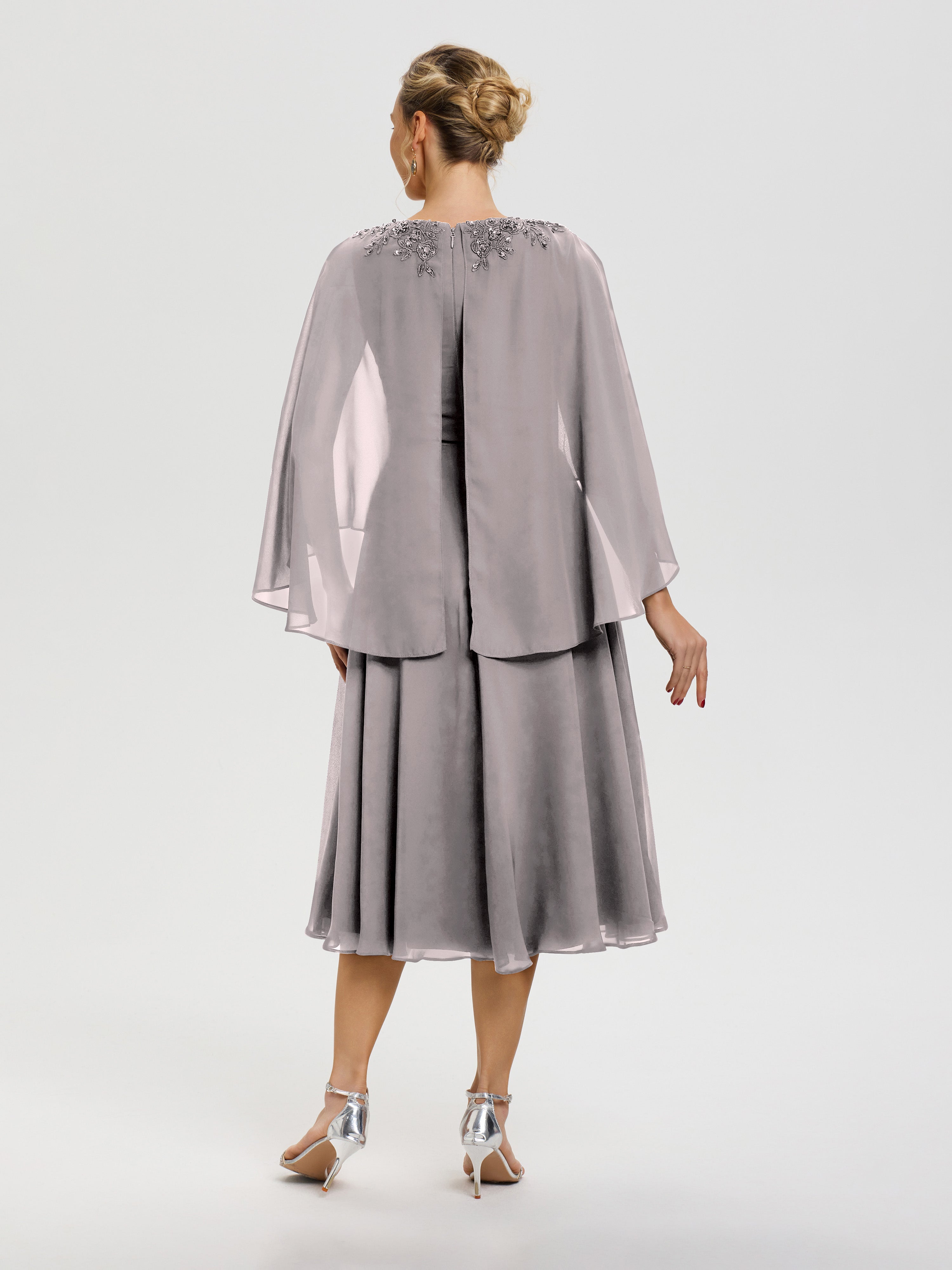 Robe Mère Du Marié Argent 3/4 Manches Col V Mousseline & Dentelle Robe Mère De Mariée