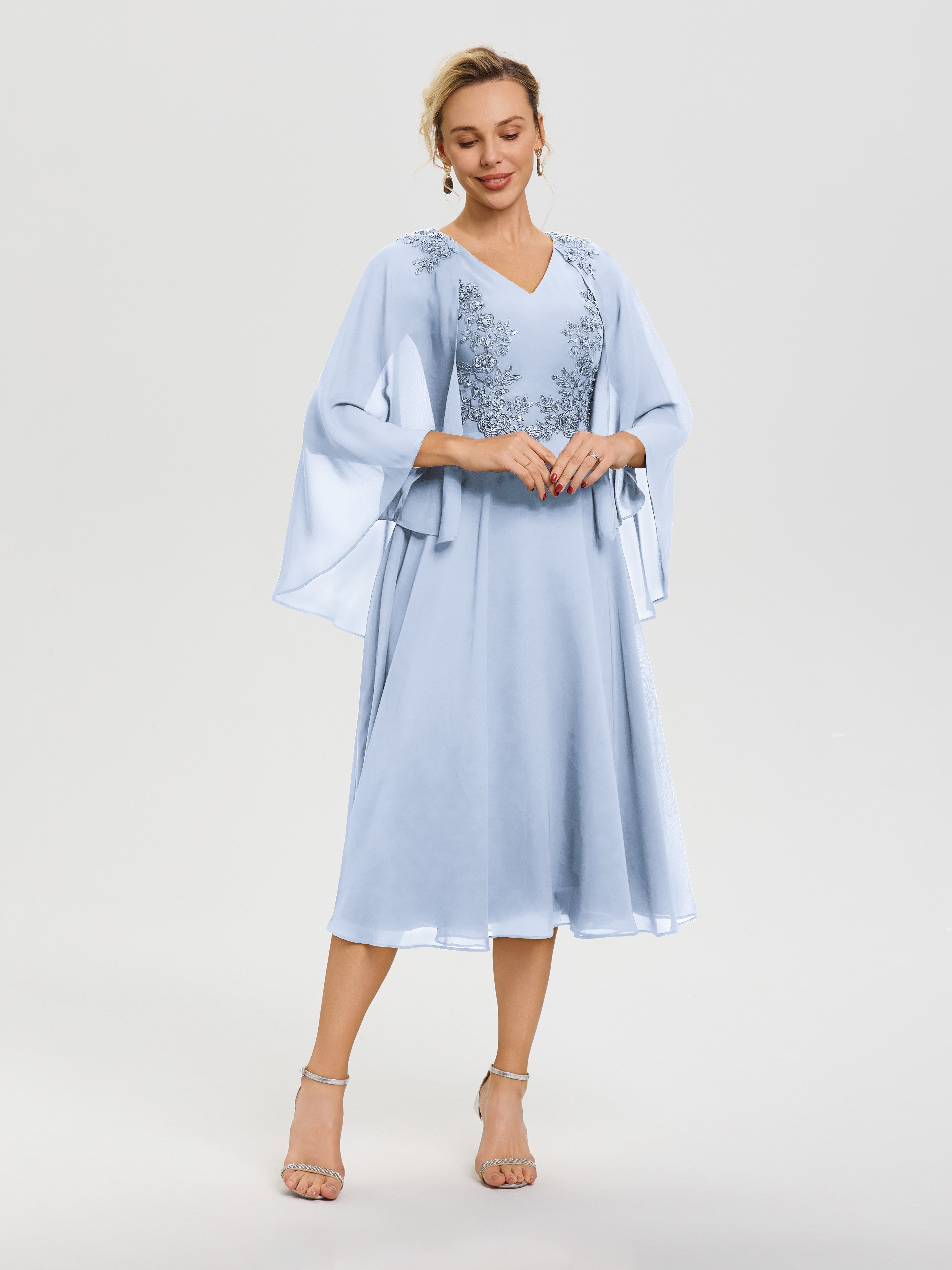 Robe Mère Du Marié Bleu Ciel 3/4 Manches Col V Mousseline & Dentelle Robe Mère De Mariée