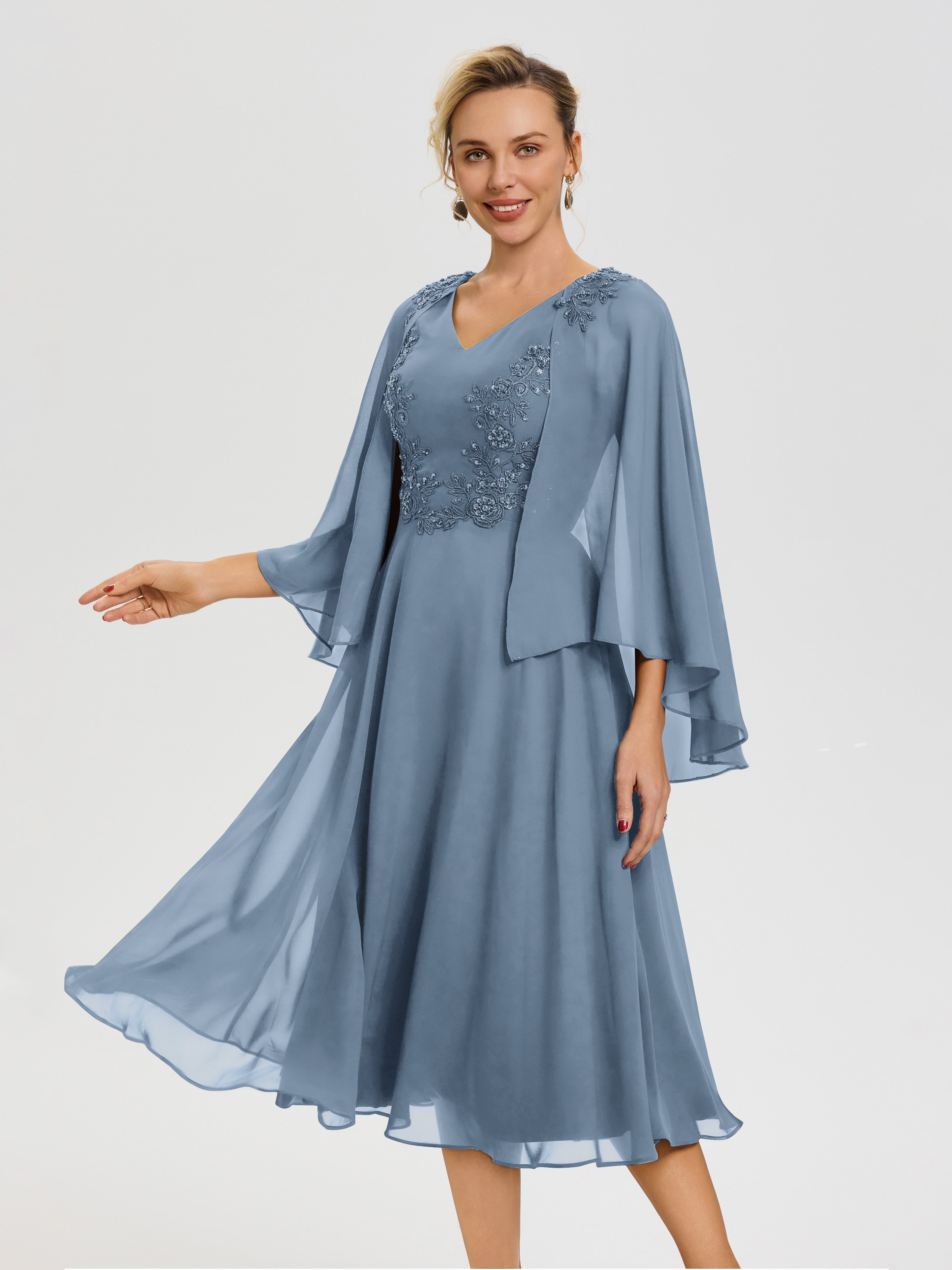 Cicinia Robe Mère De La Mariée Bleu De Schiste 3/4 Manches Col V Mousseline & Dentelle Robe Mère De Mariée