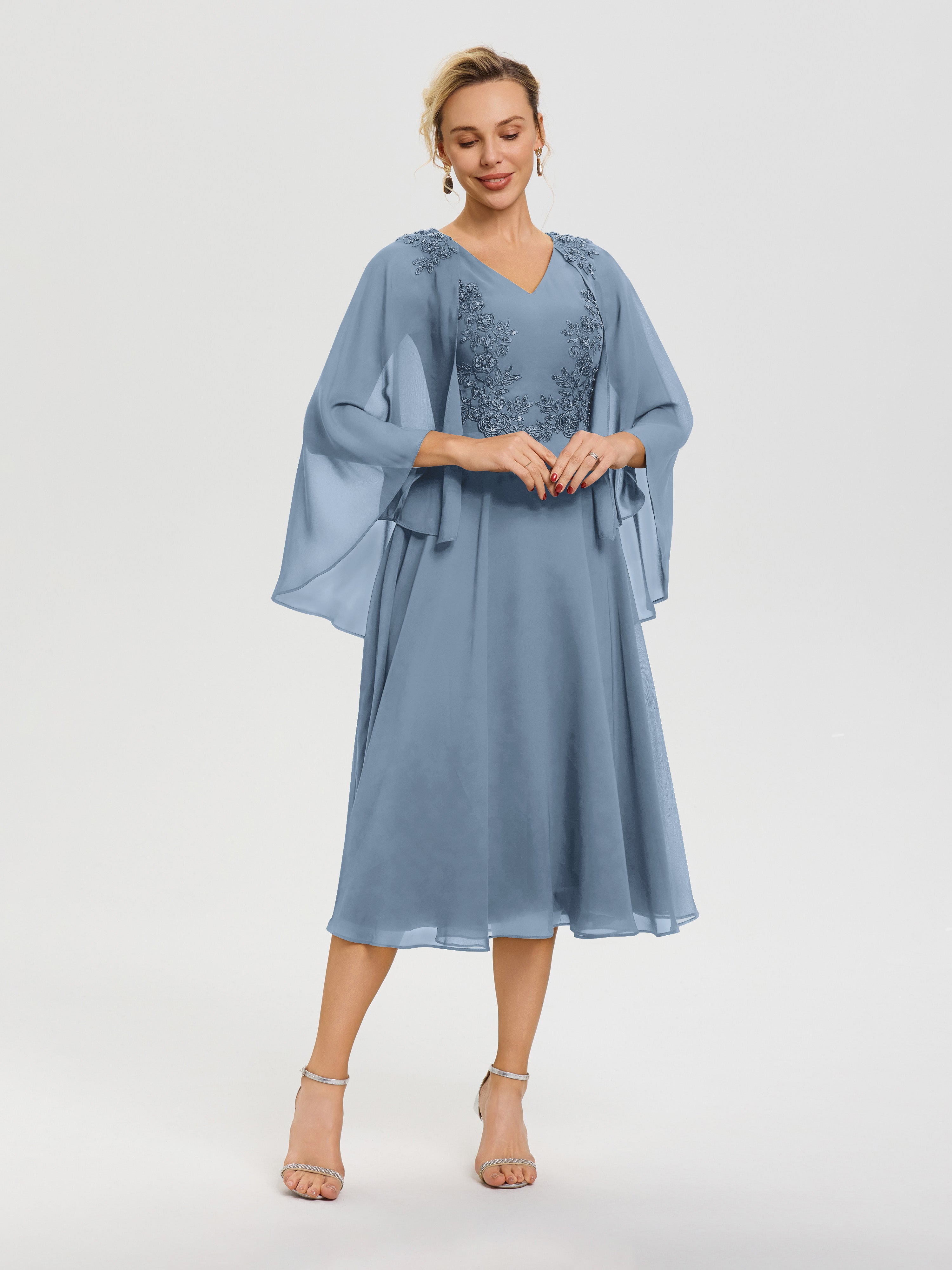 Cicinia Robe Mère De La Mariée Bleu De Schiste 3/4 Manches Col V Mousseline & Dentelle Robe Mère De Mariée